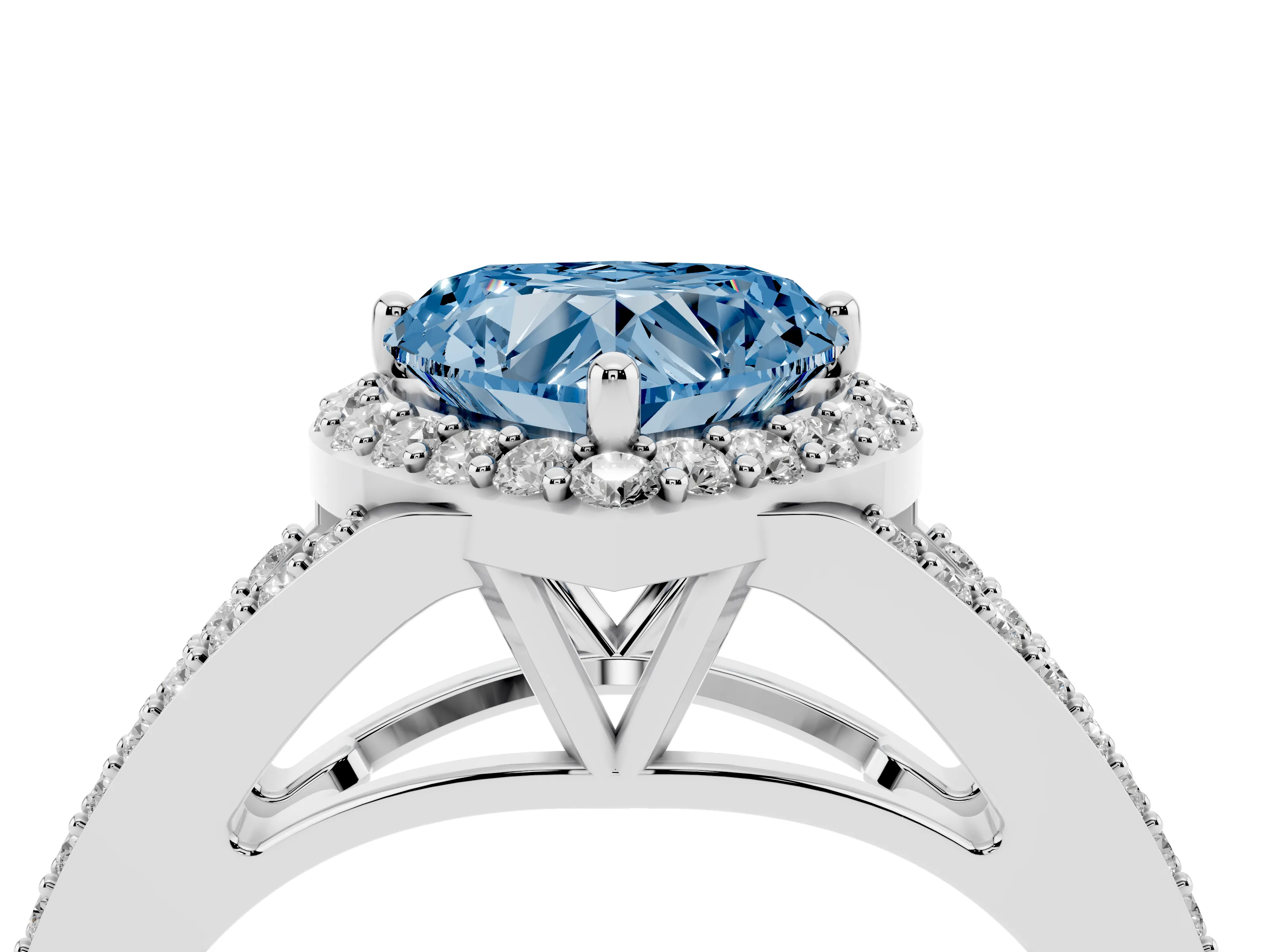 Fancy Blue Heart Cut Diamond Halo Split Shank Pavé Ring Set in White gold with Prong Setting