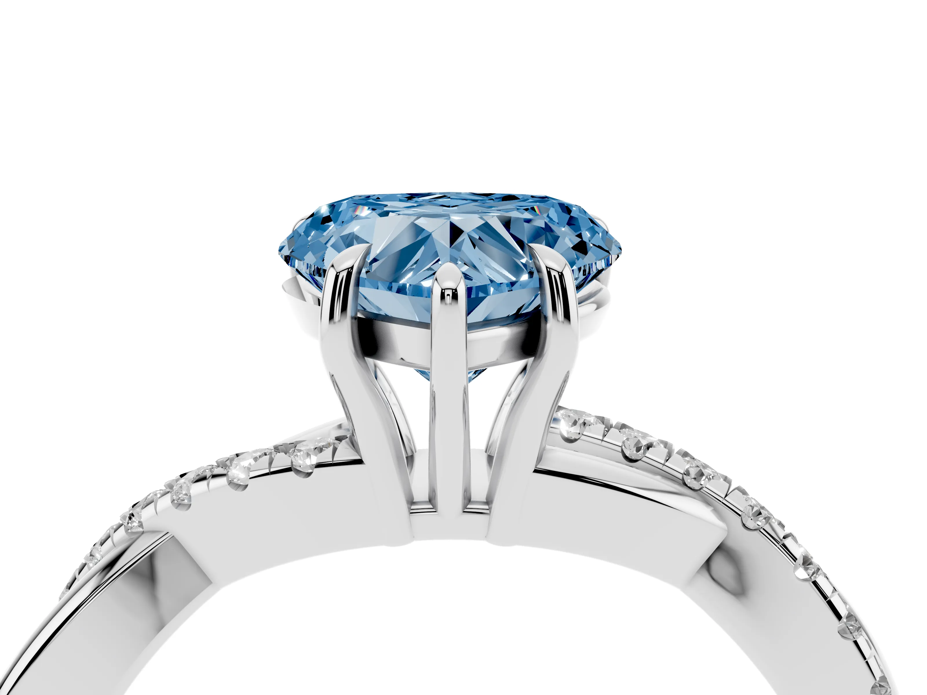Fancy Blue Heart Cut Diamond Twisted Pavé Band Ring Set in Silver with Prong Setting