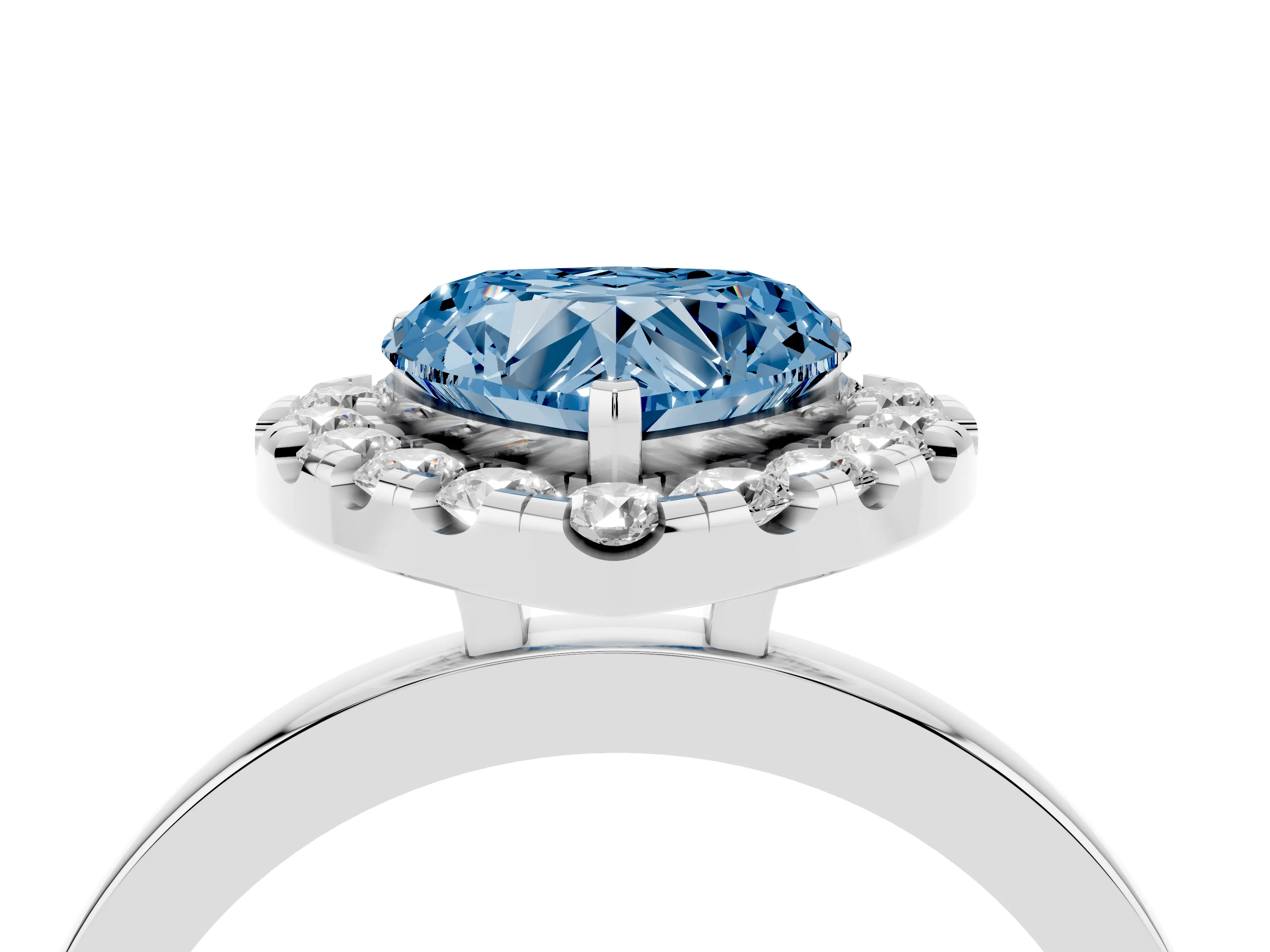 Fancy Blue Heart Cut Diamond Halo Solitaire Ring Set in White gold with Pavé Band and Prong Setting
