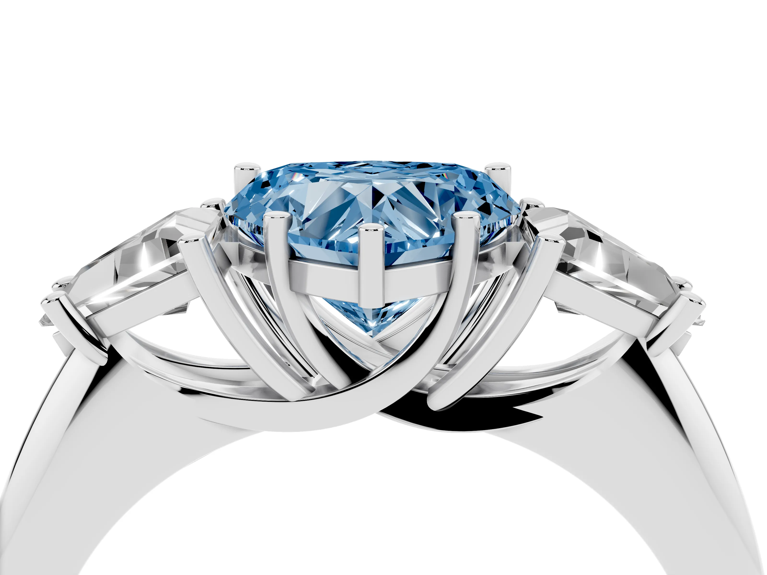 Fancy Blue Heart Cut Diamond Three-Stone Engagement Ring Set in Silver with Trillion Side Stones