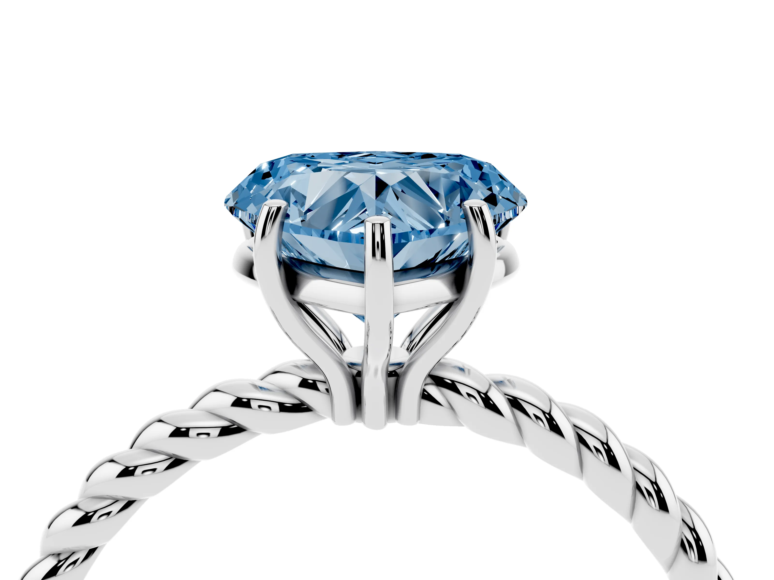 Fancy Blue Heart Cut Diamond Solitaire Ring Set in White gold with Twist Band and Prong Setting