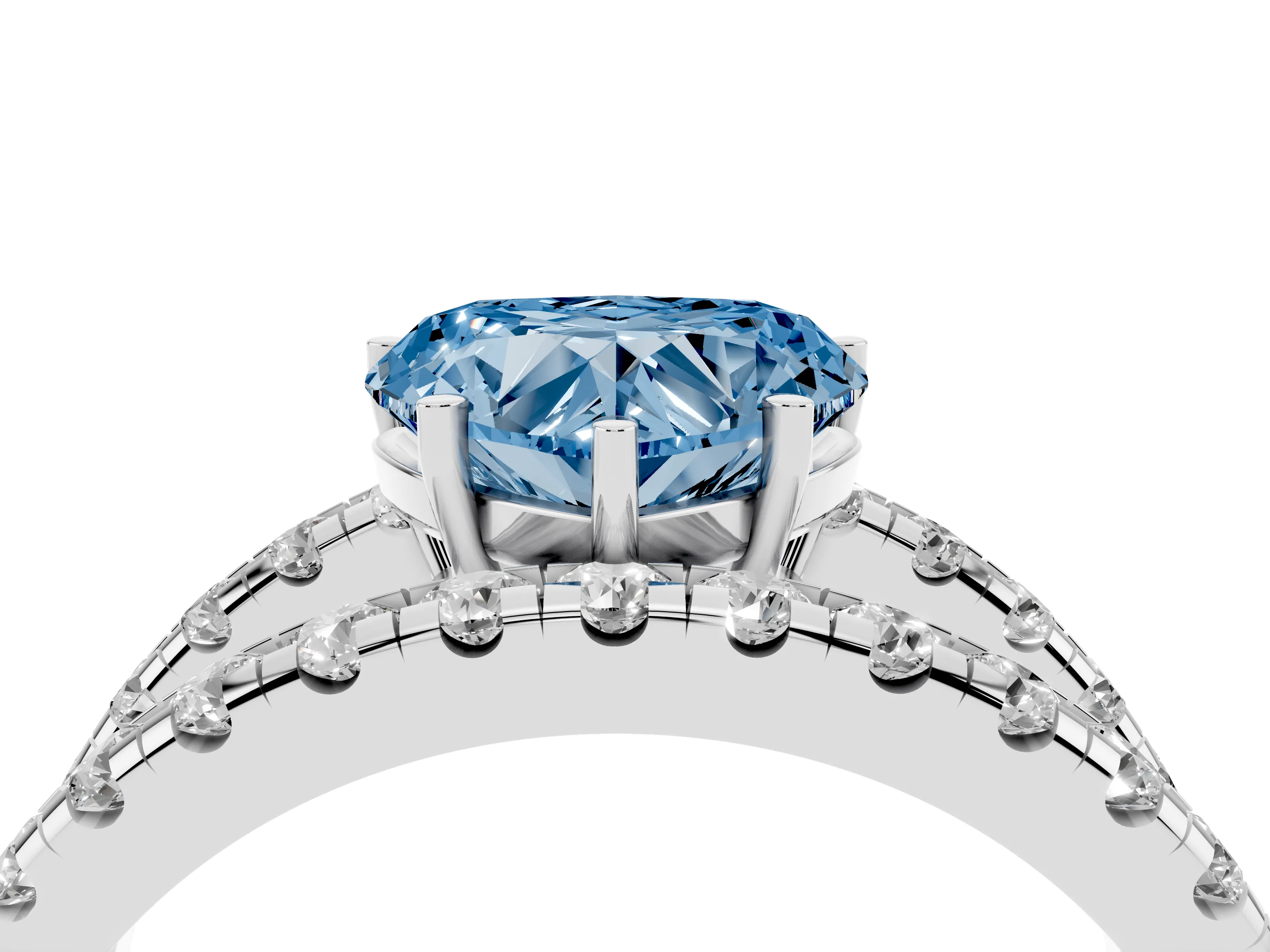 Fancy Blue Heart Cut Diamond Split Shank Pavé Solitaire Ring Set in Platinum with Open Shank Design