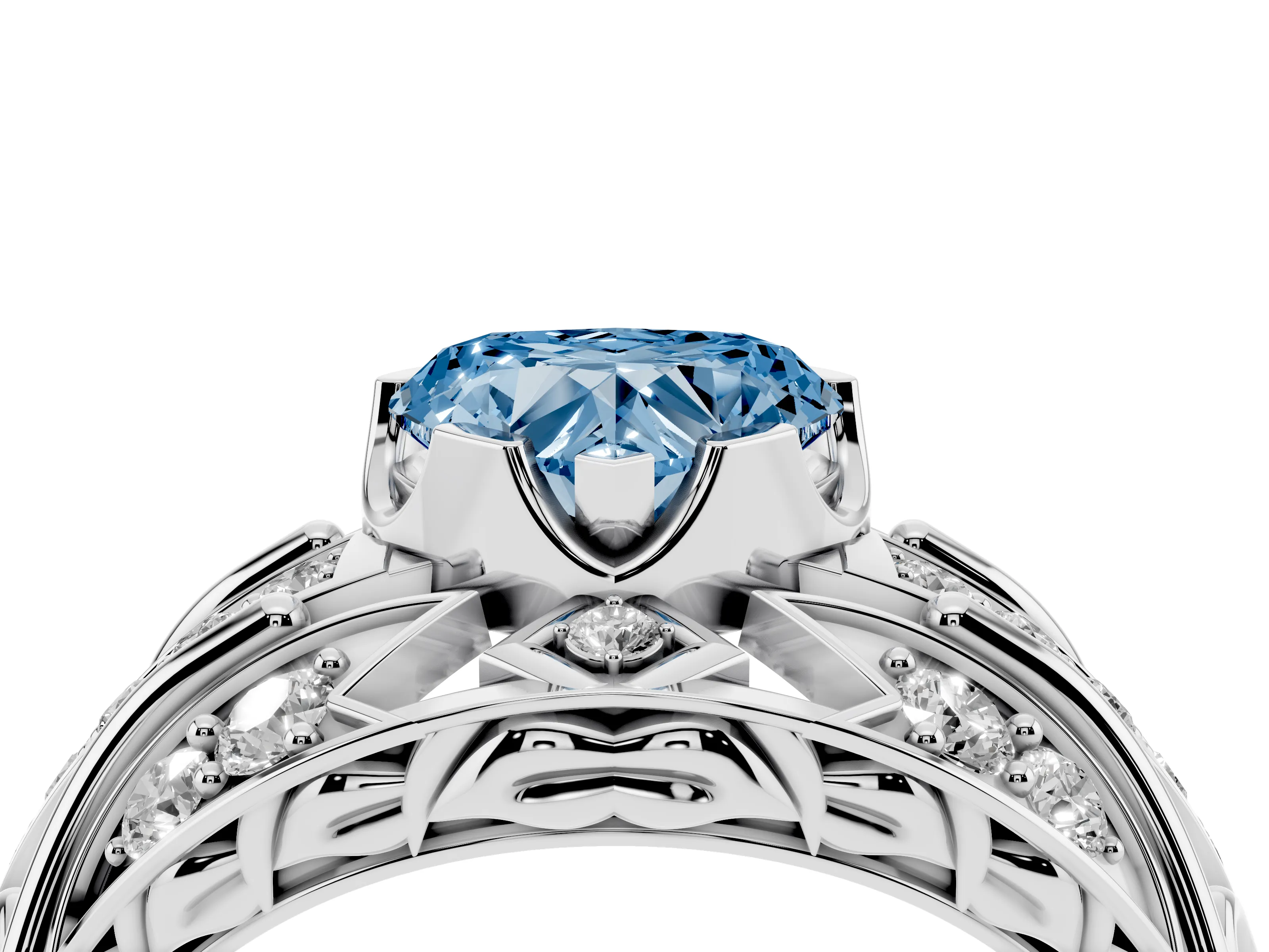Fancy Blue Heart Cut Diamond Art Deco Ring Set in Platinum with Pavé Split Shank