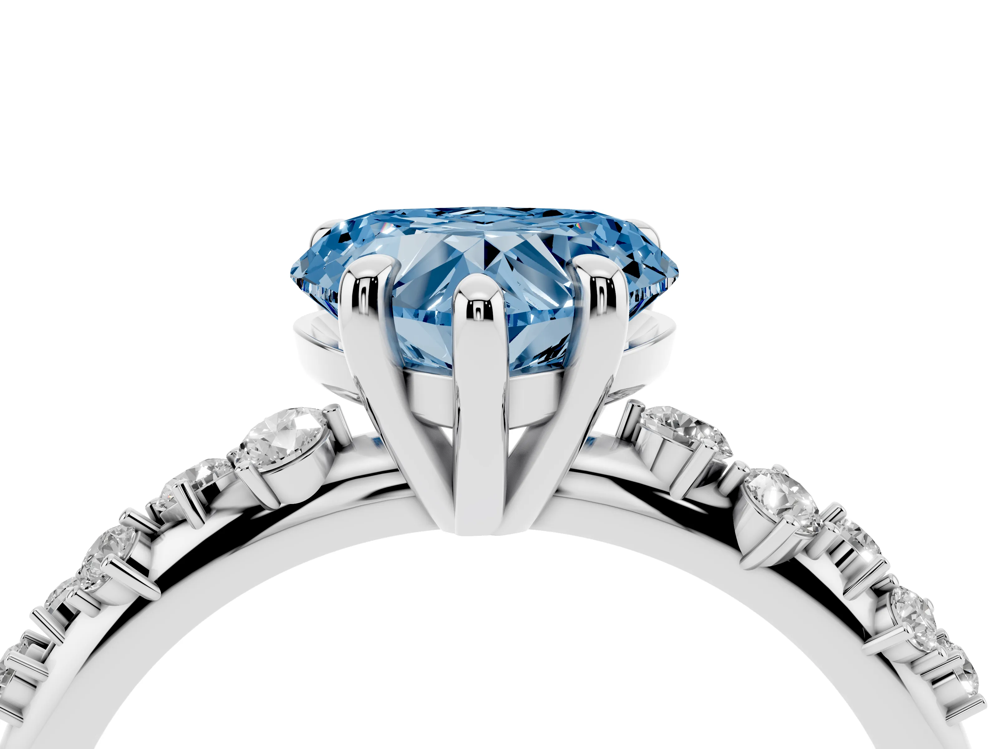 Fancy Blue Heart Cut Diamond Solitaire Vine Band Ring Set in Platinum with Round Accents and Prong Setting