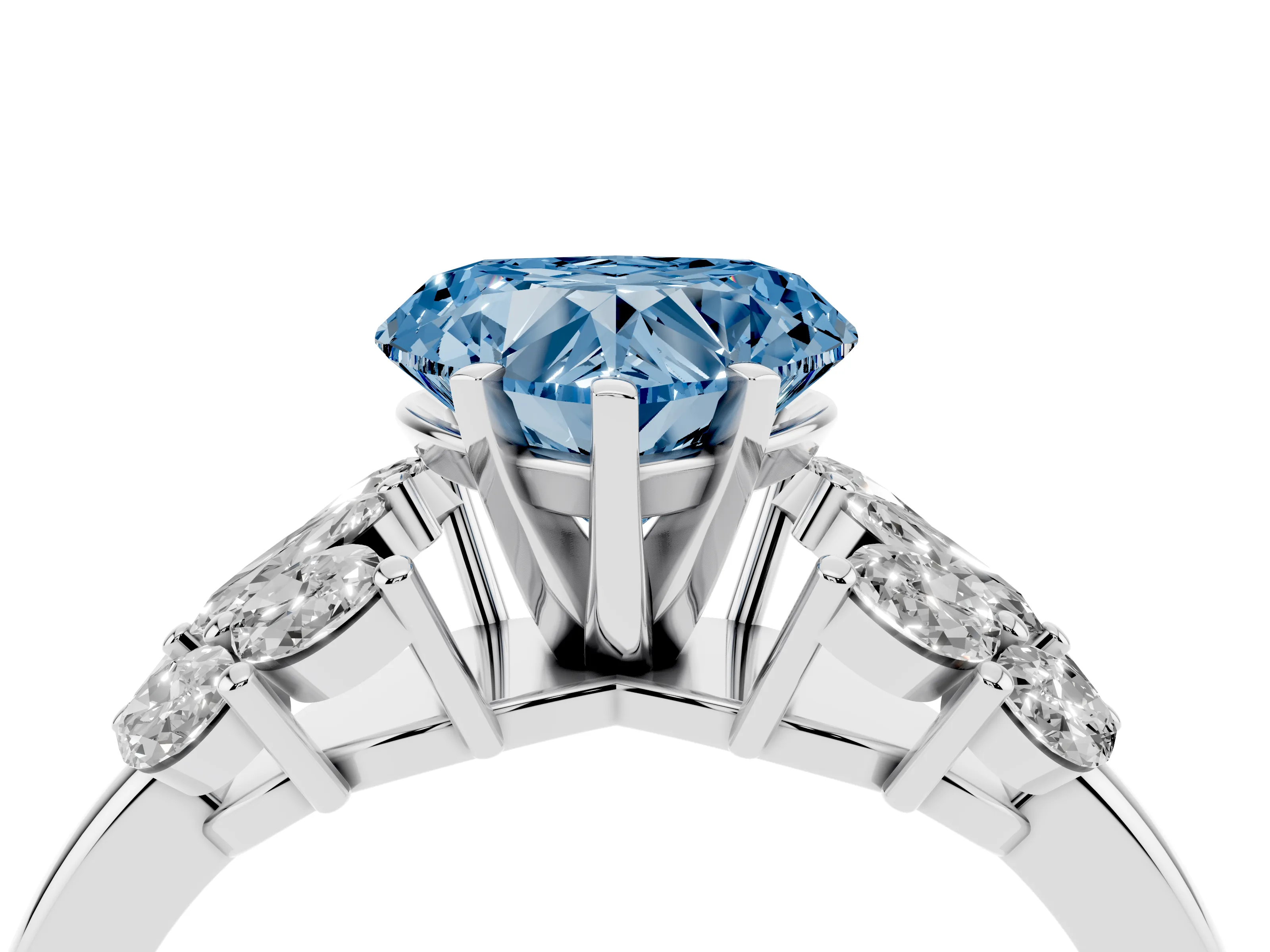 Fancy Blue Heart Cut Diamond Cluster Leaf Design Ring Set in Silver with Prong Setting