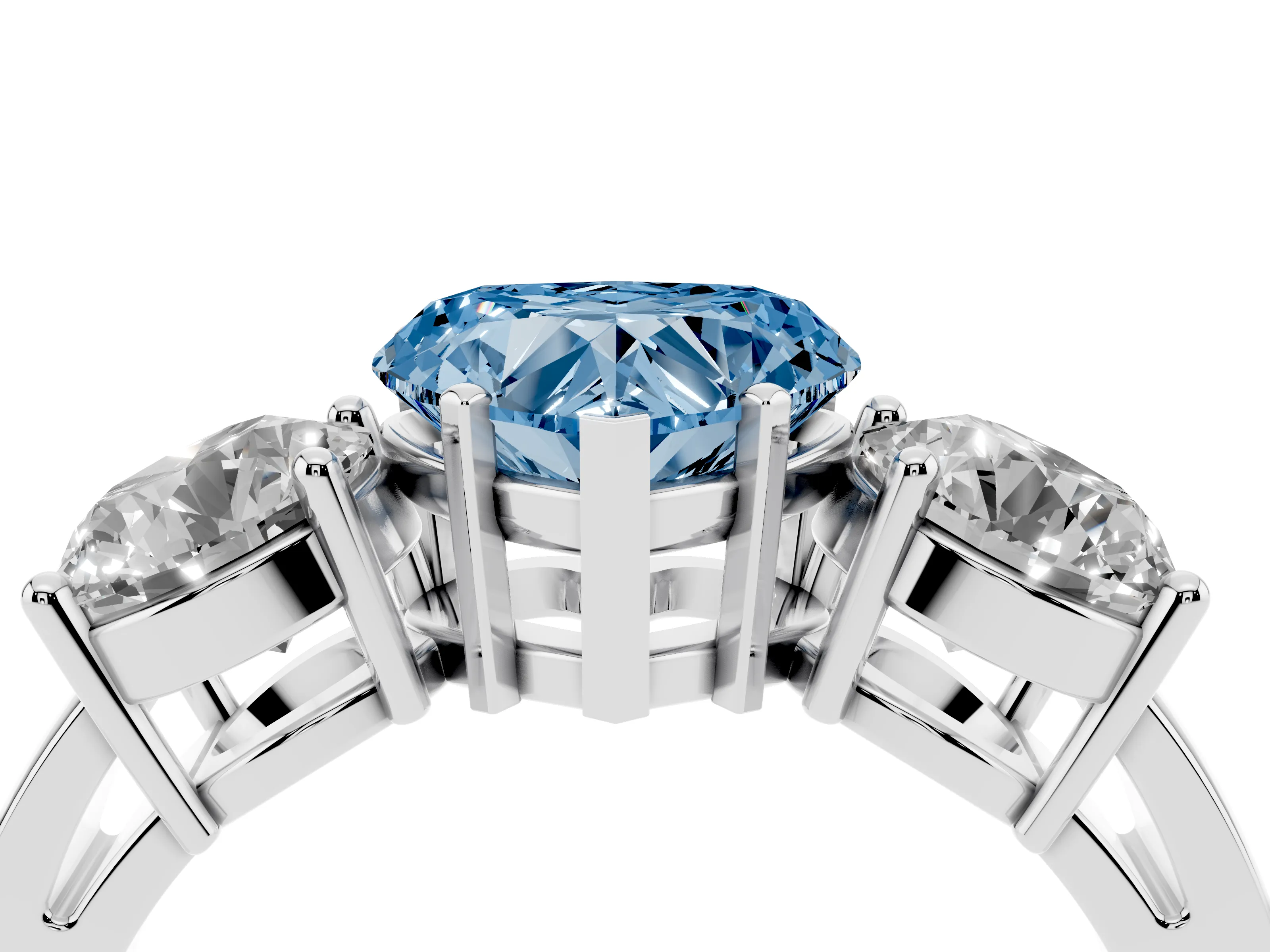 Fancy Blue Heart Cut Diamond Three-Stone Ring Set in Platinum with Round Side Stones and Classic Band