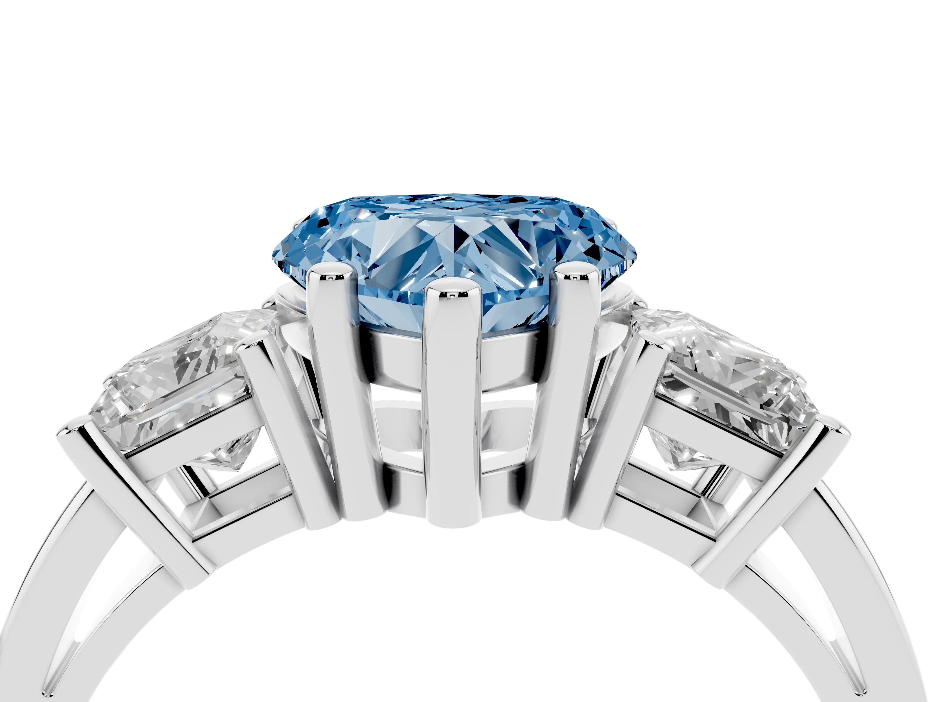 Fancy Blue Three-Stone Heart Cut Diamond Solitaire Ring Set in Silver with Prong Setting