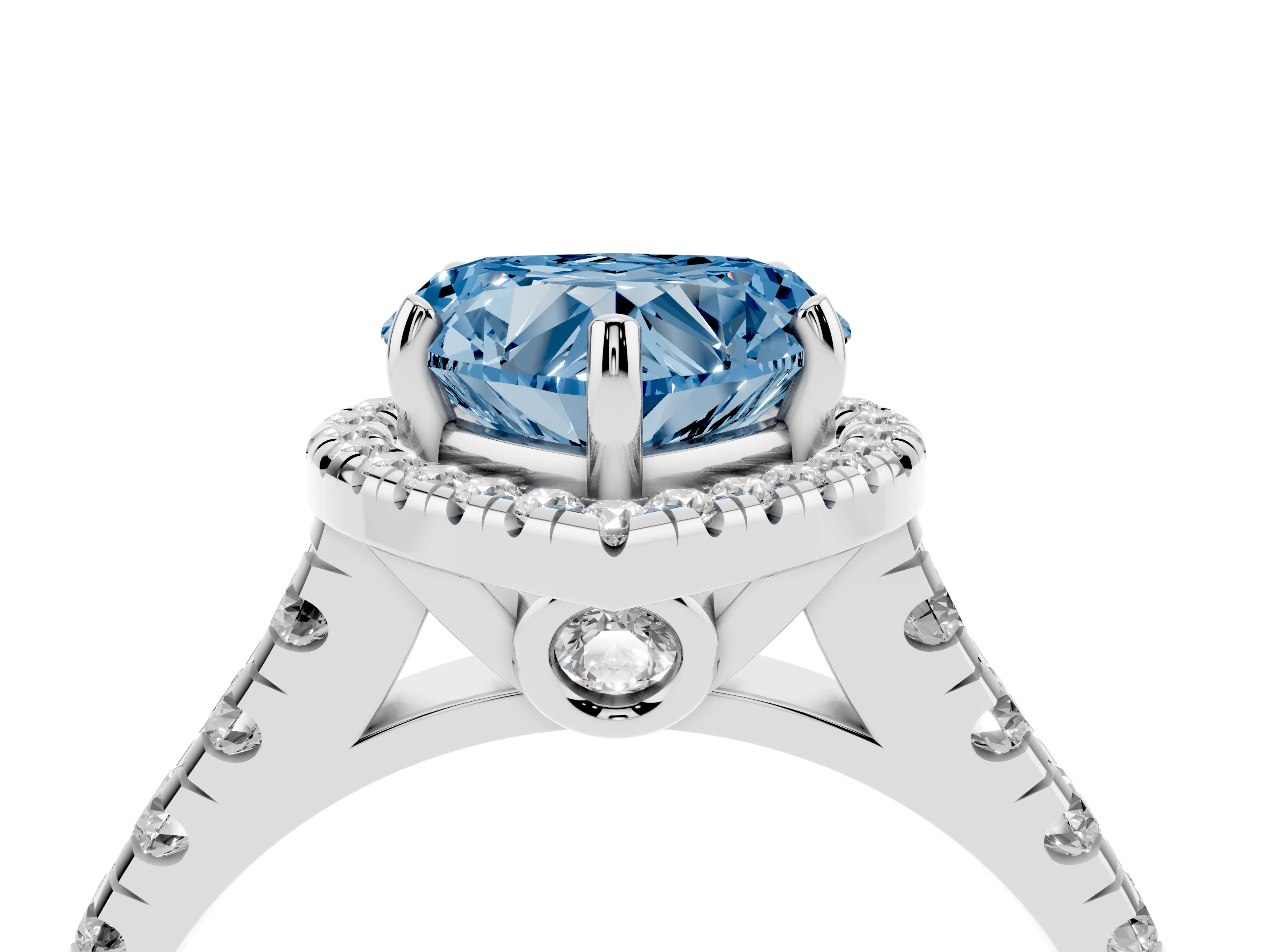 Fancy Blue Heart Cut Diamond Halo Engagement Ring Set in White gold with Pavé Band and Prong-Set Center