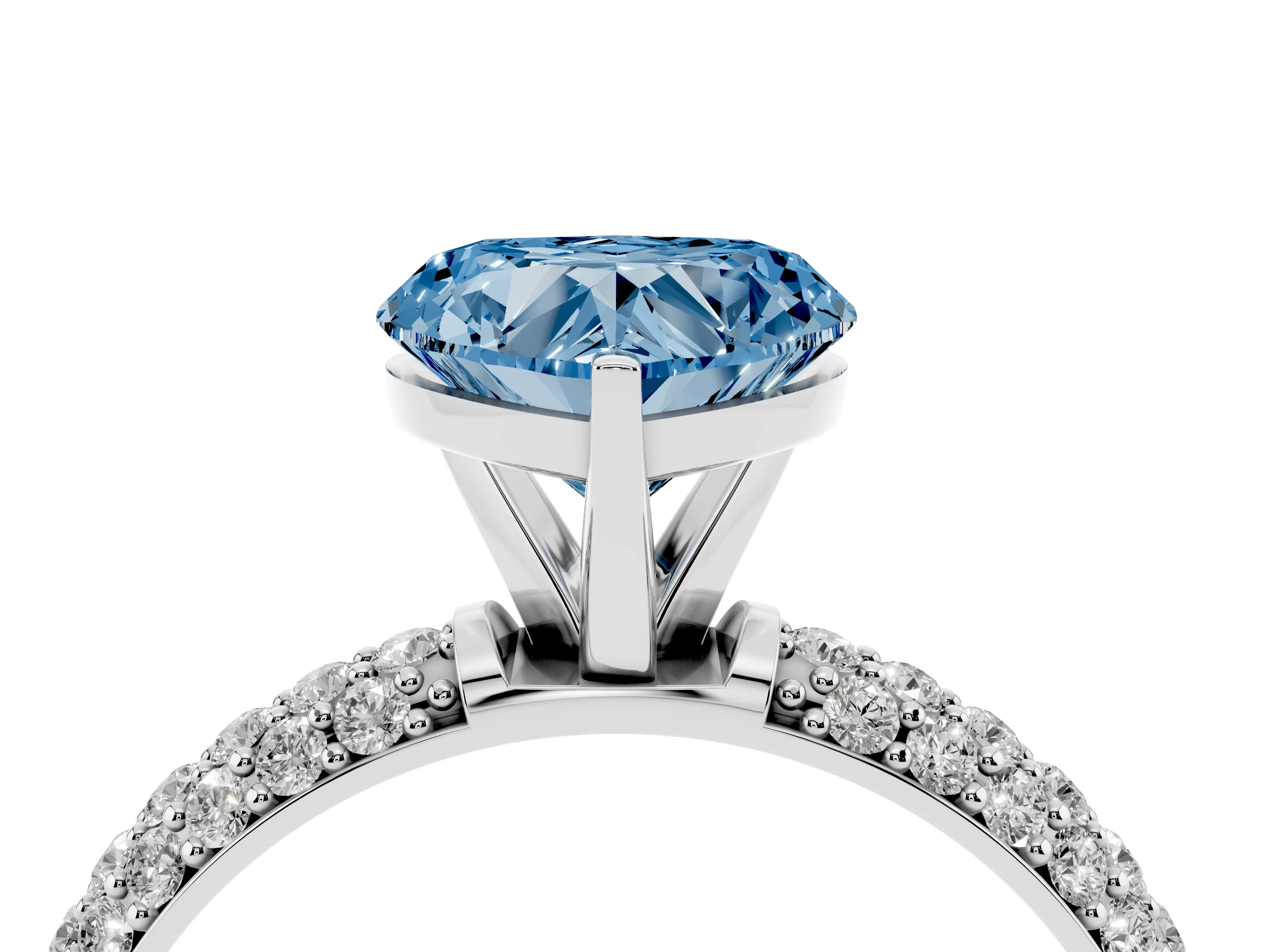 Fancy Blue Heart Cut Diamond Solitaire Ring Set in Silver with Prong Setting and Pavé-Set Band