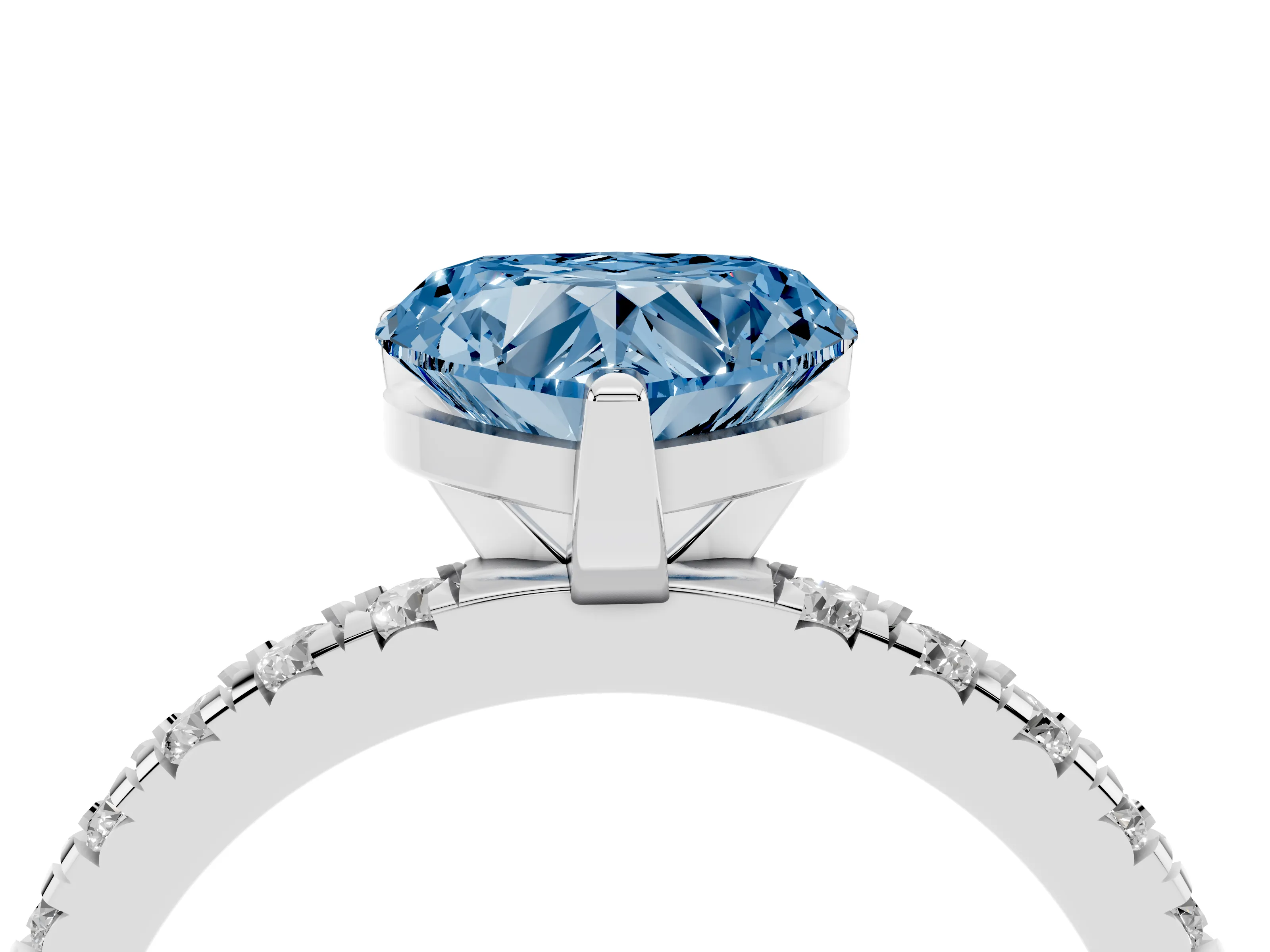 Fancy Blue Heart Cut Diamond Pavé Band Solitaire Set in White gold with Prong Setting