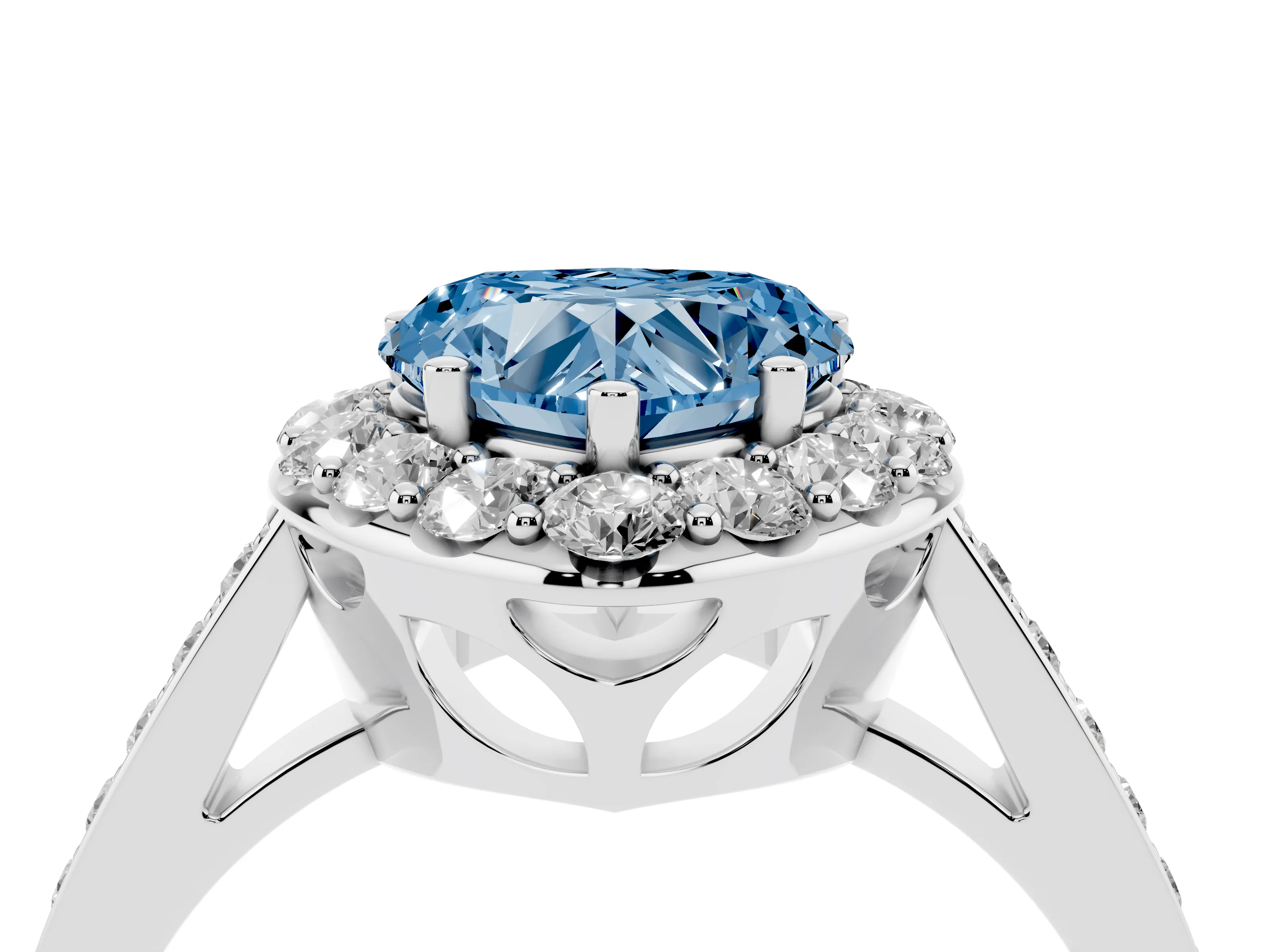 Fancy Blue Heart Cut Diamond Floral Halo Ring Set in Platinum with Pavé Band and Prong Setting