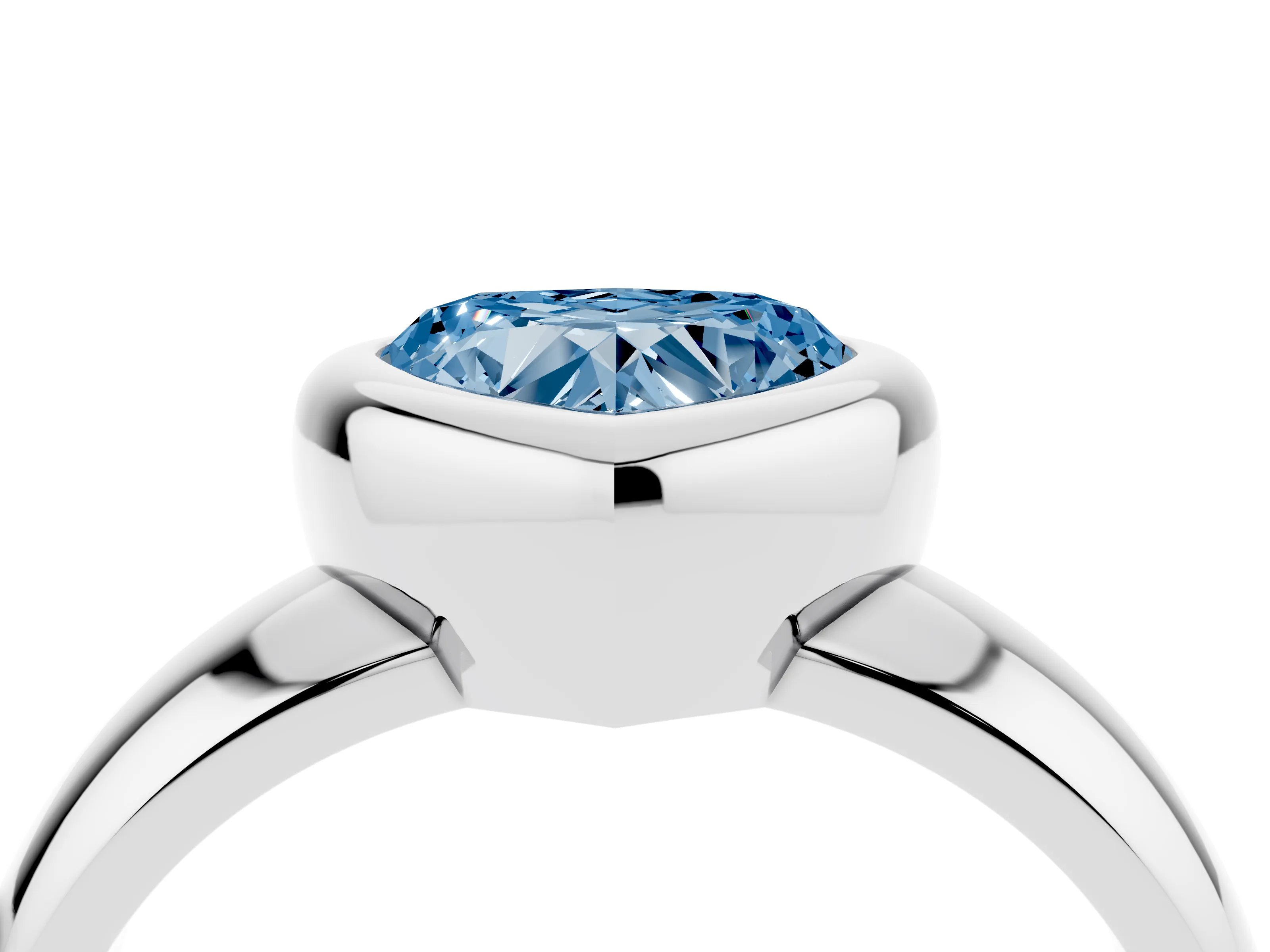 Fancy Blue Bezel Set Heart Cut Diamond Solitaire Ring Set in White gold with Wide Band