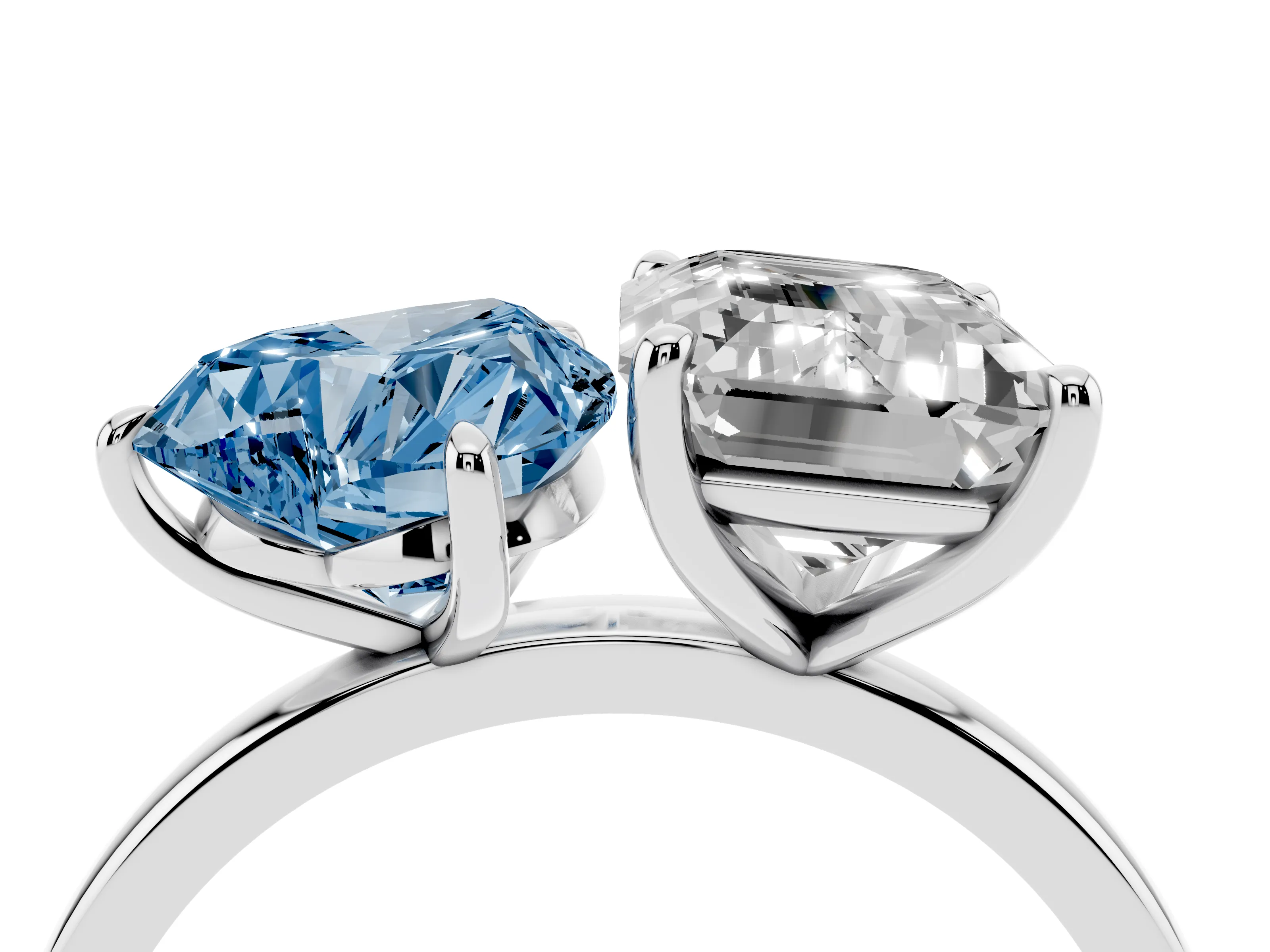 Fancy Blue Heart Cut and Emerald Cut Toi Moi Ring Set in Silver with Prong Setting