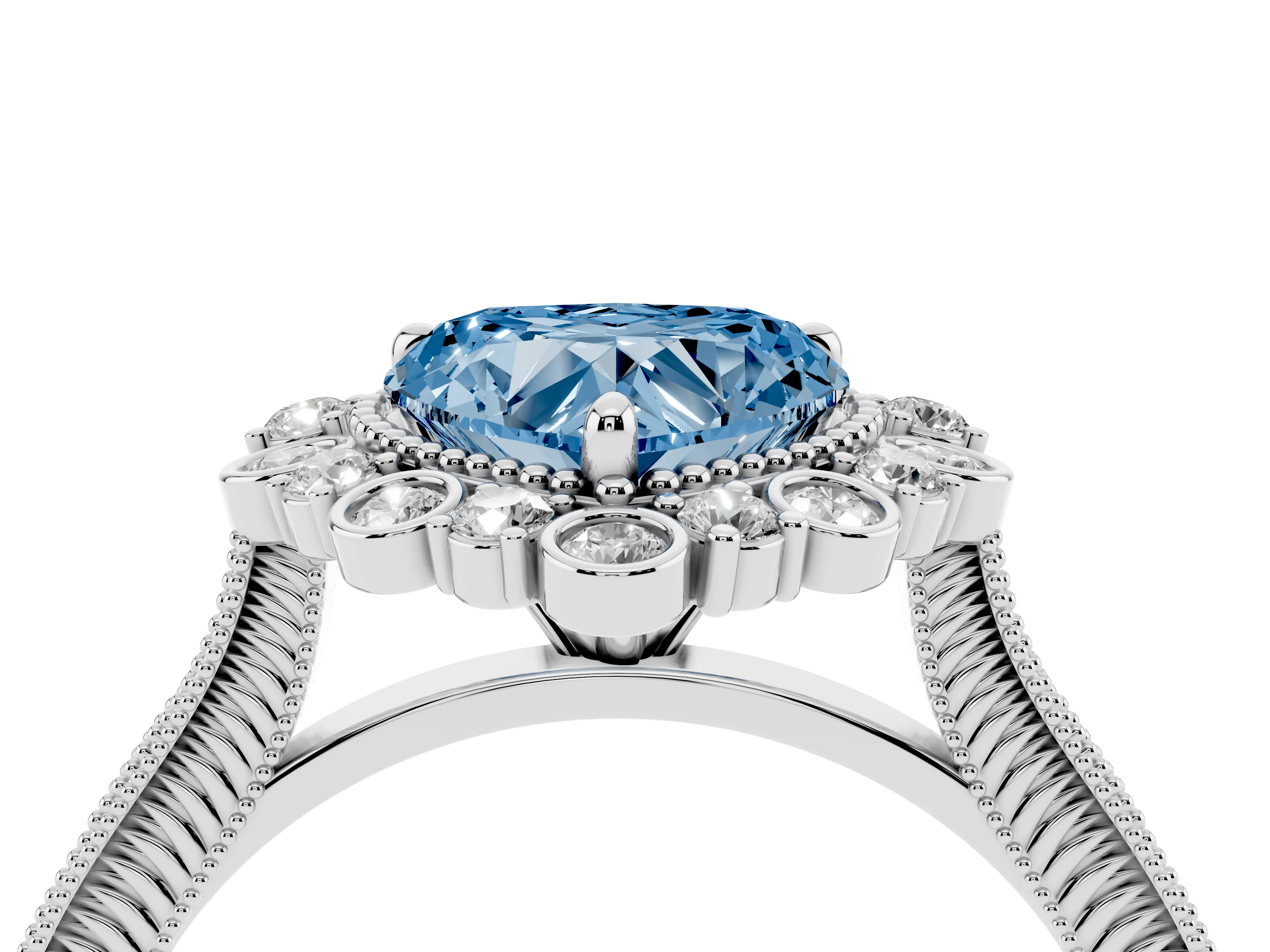 Fancy Blue Heart Cut Diamond Halo Milgrain Pavé Ring Set in White gold with Prong Setting