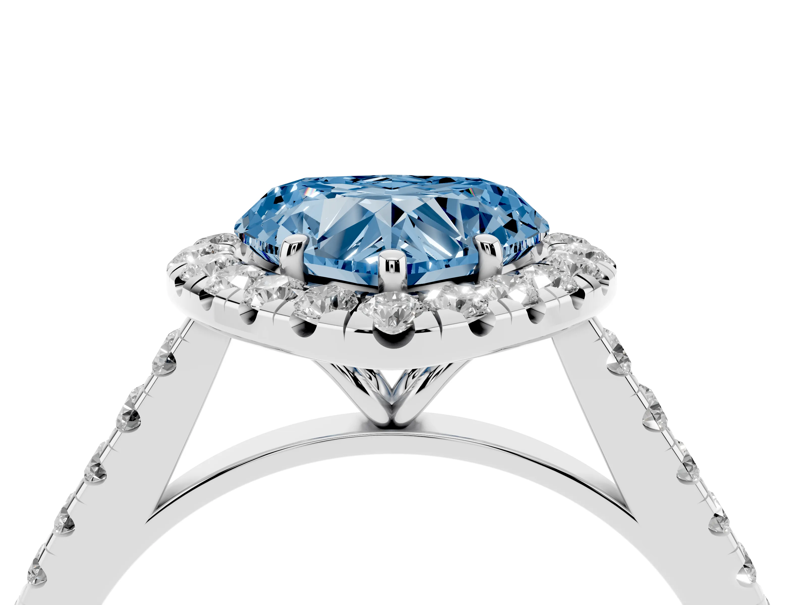 Fancy Blue Heart Cut Diamond Halo Pavé Engagement Ring Set in Platinum with Prong Setting