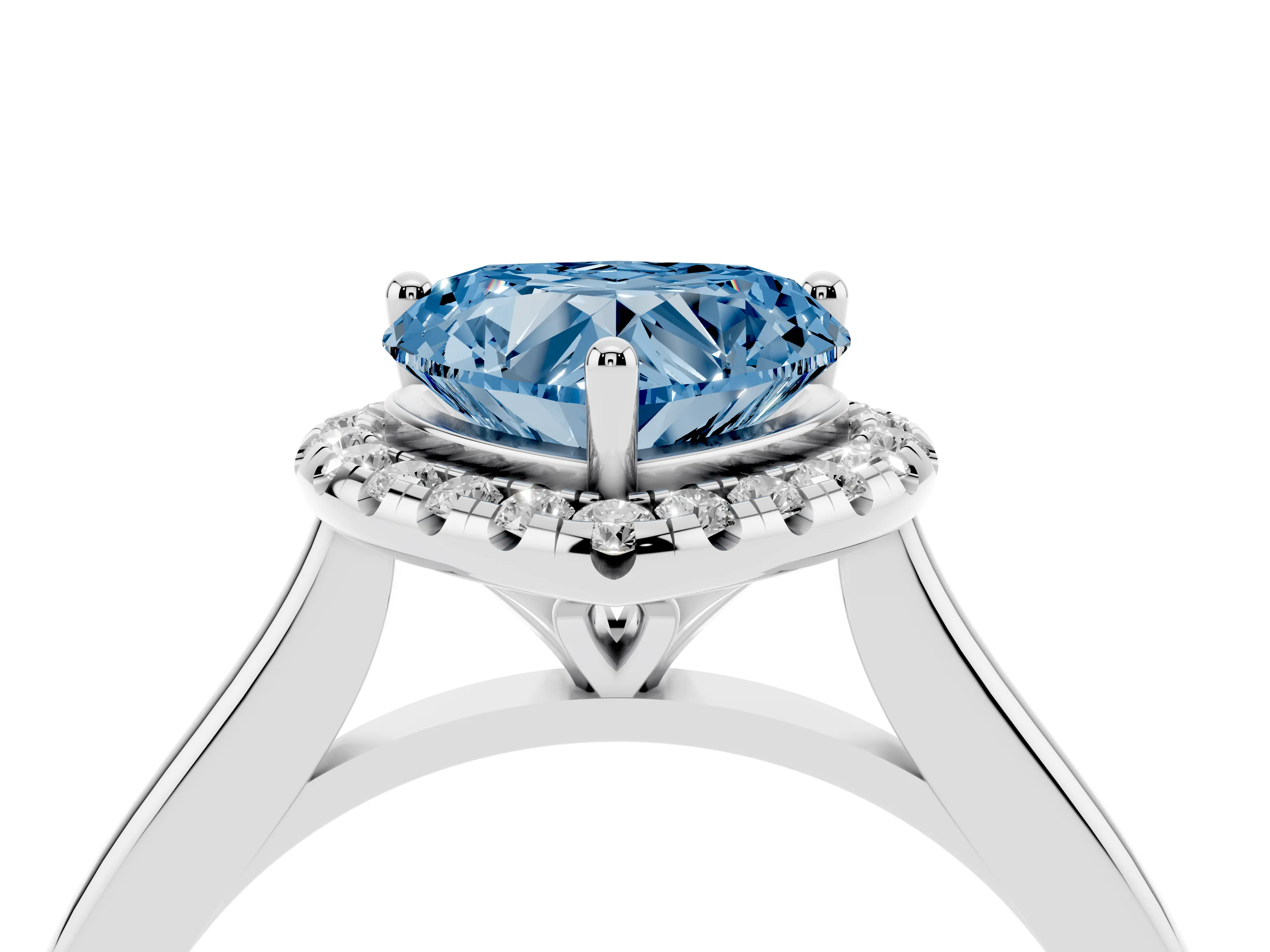 Fancy Blue Heart Cut Diamond Halo Engagement Ring Set in Platinum with Pavé Band and Rising Shoulders