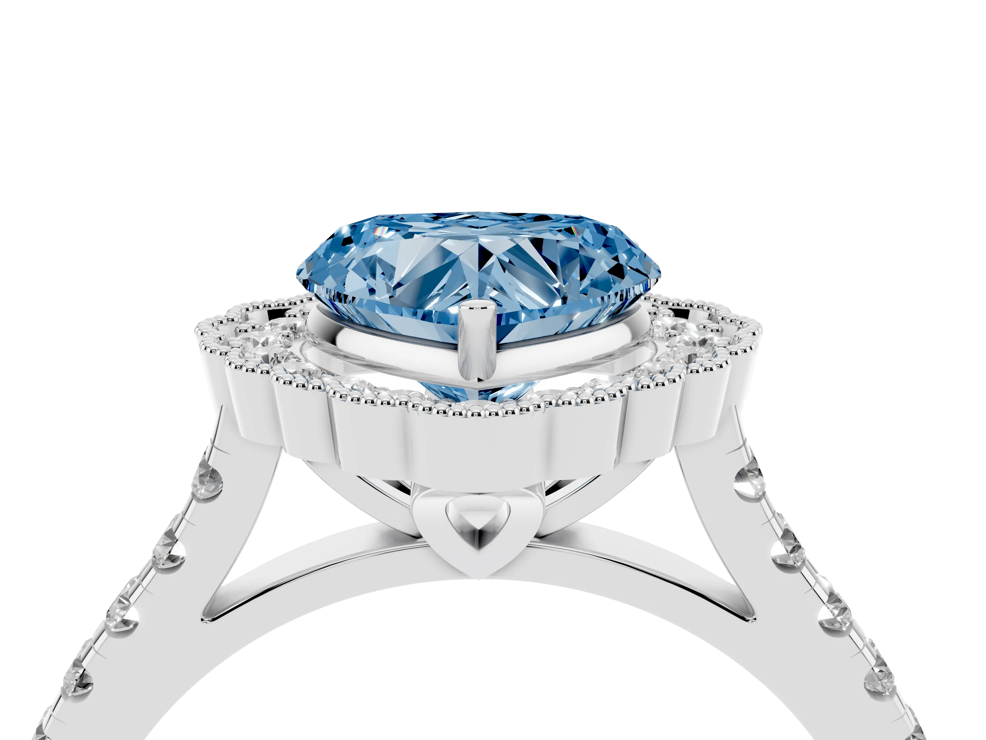 Fancy Blue Heart Cut Diamond Milgrain Floral Halo Engagement Ring Set in Platinum with Pavé Band