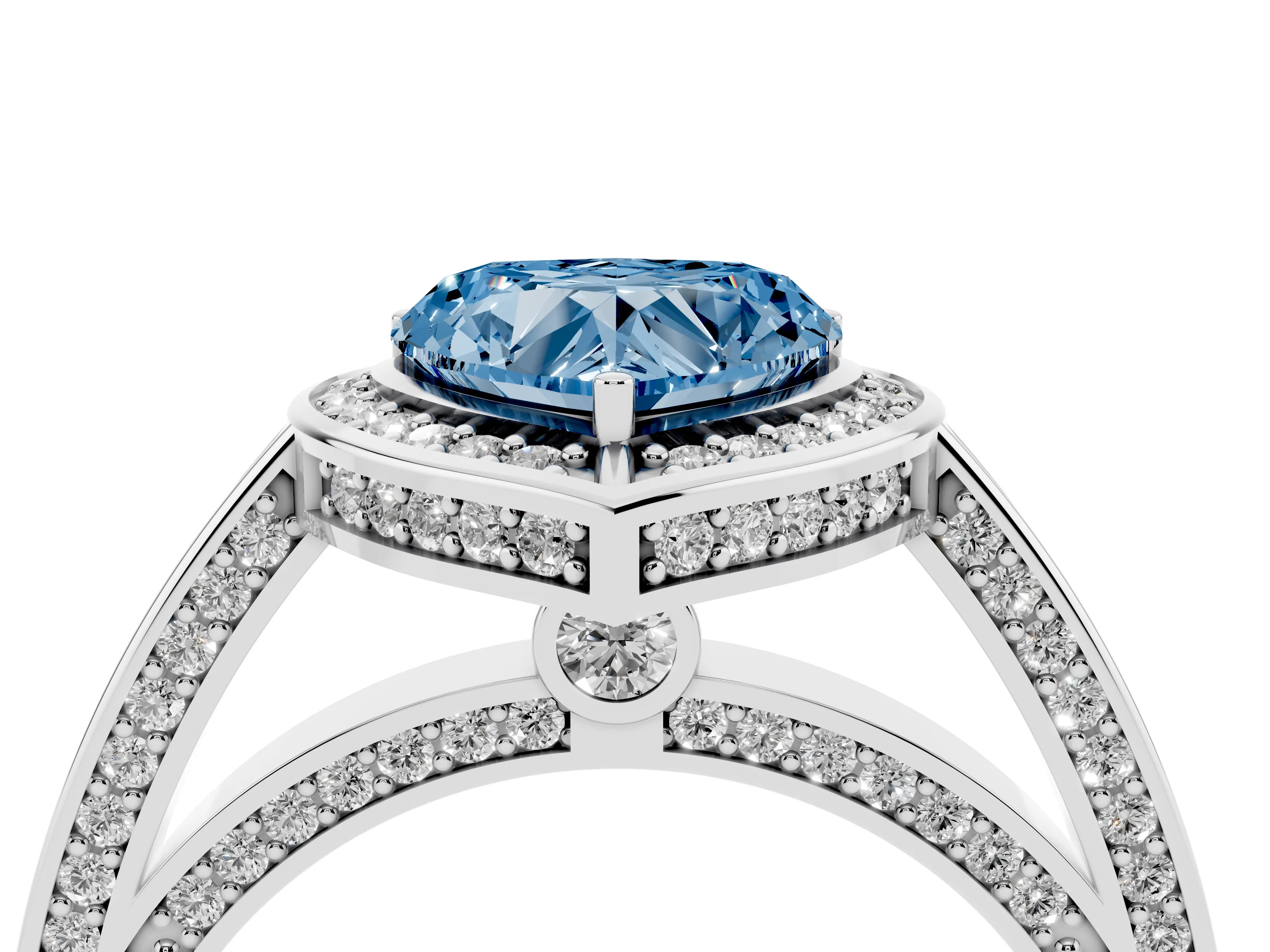 Fancy Blue Heart Cut Diamond Halo Pavé Split Shank Ring Set in White gold with Prong Setting