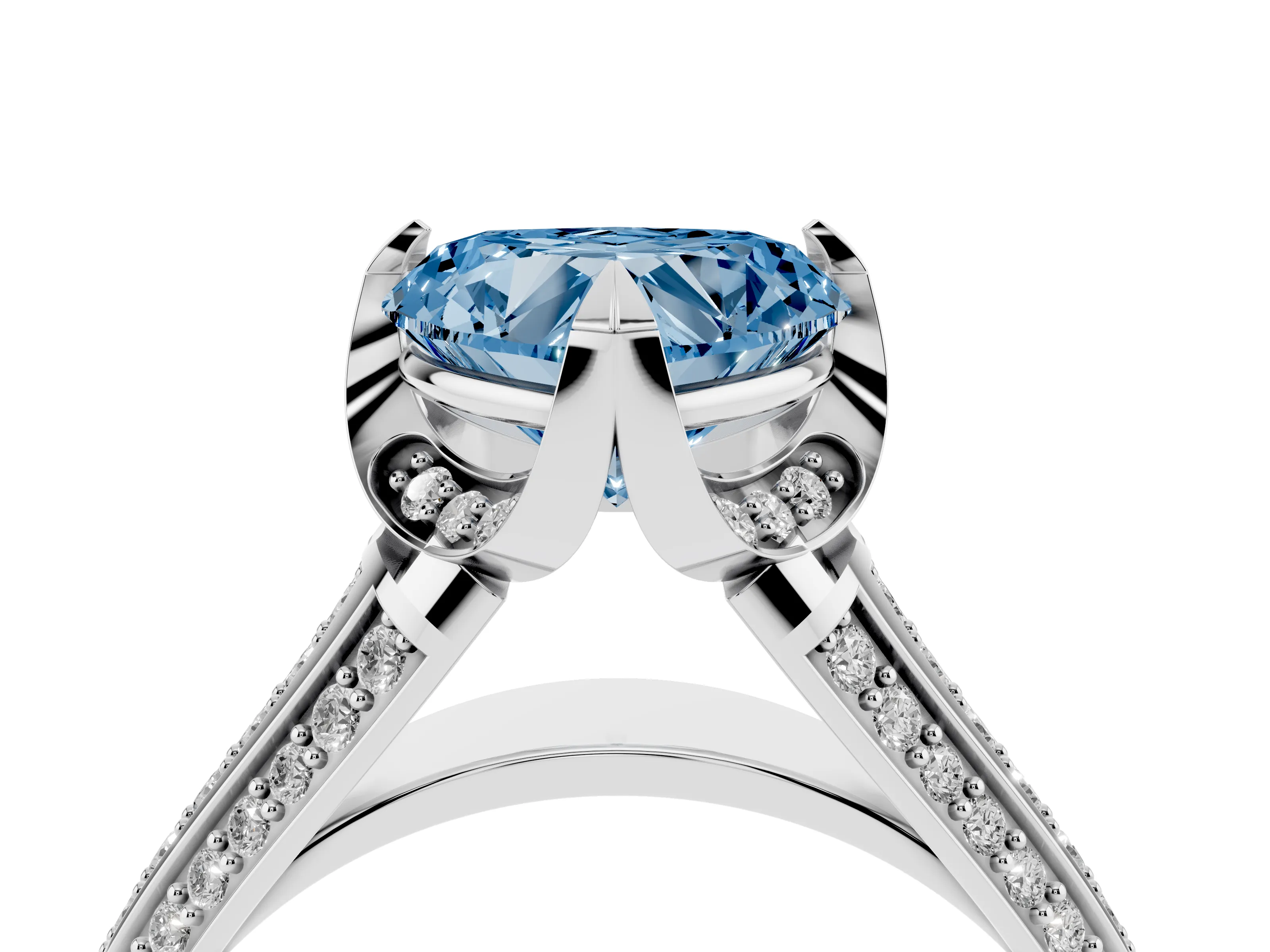 Fancy Blue Heart Cut Diamond Pavé Split Shank Solitaire Ring Set in Silver with Prong Setting