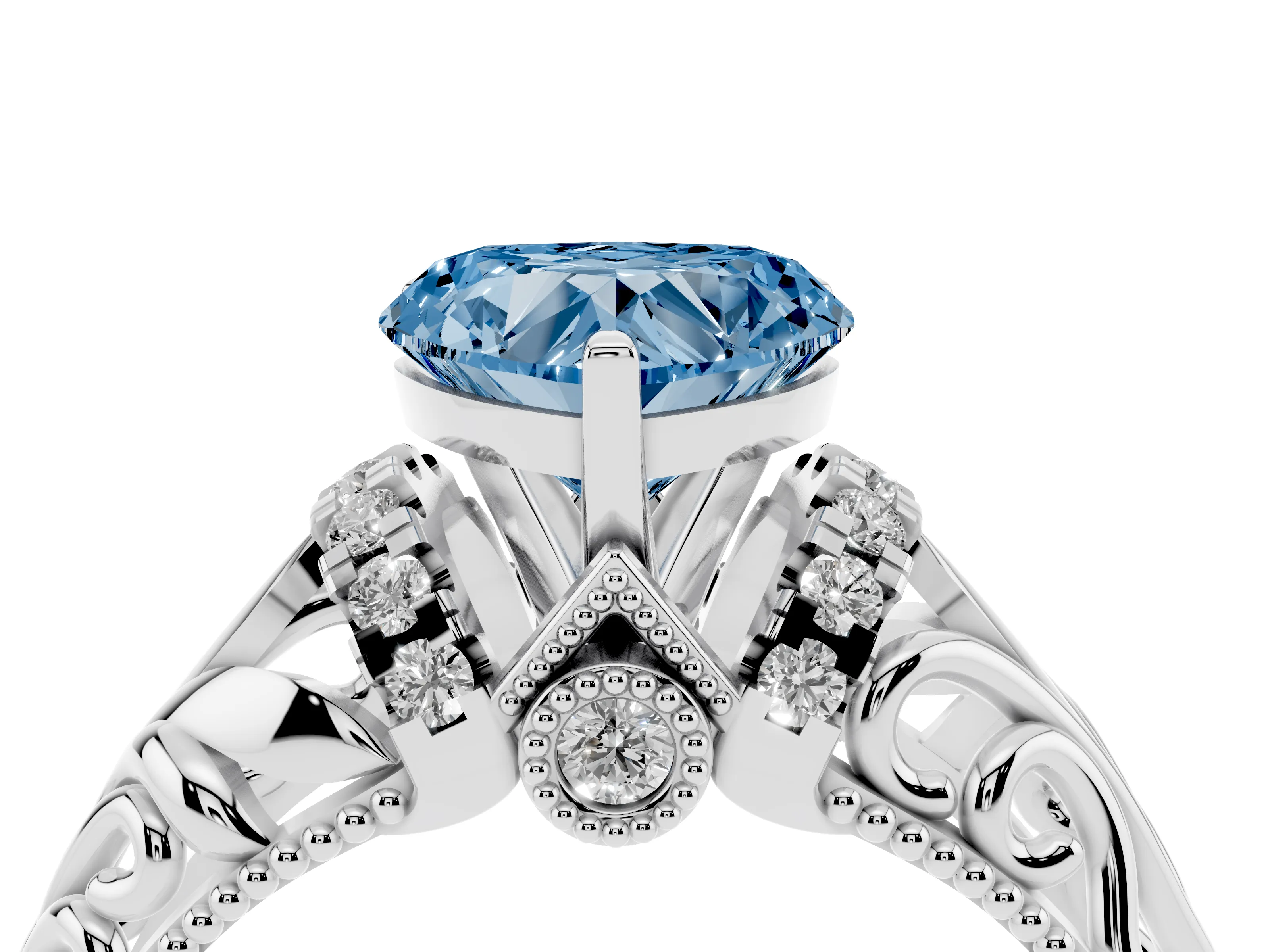 Fancy Blue Heart Cut Diamond Filigree Halo Engagement Ring Set in White gold with Prong Setting