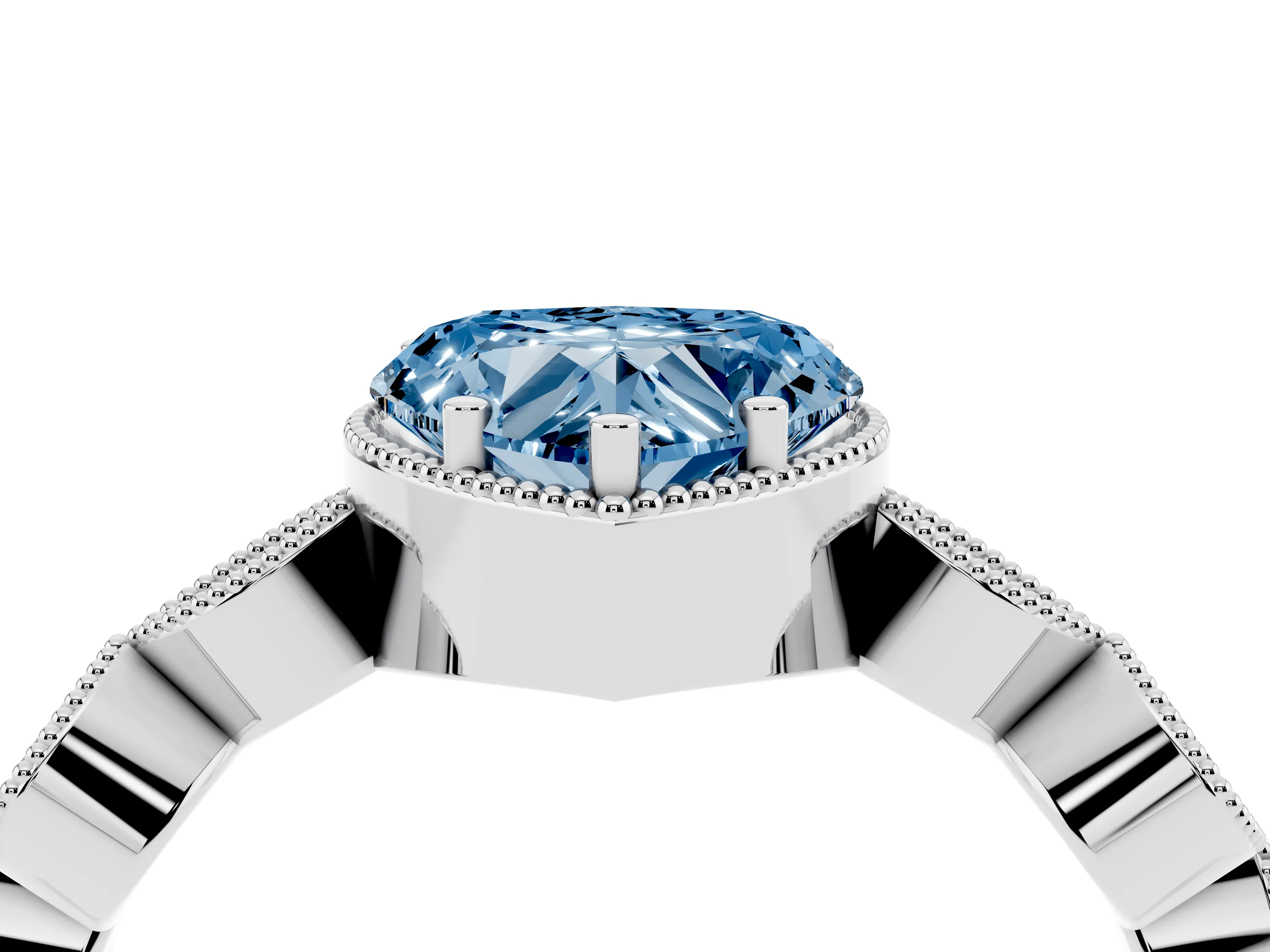 Fancy Blue Heart Cut Diamond Vintage-Inspired Milgrain Ring Set in White gold with Marquise Stations of Round Accents
