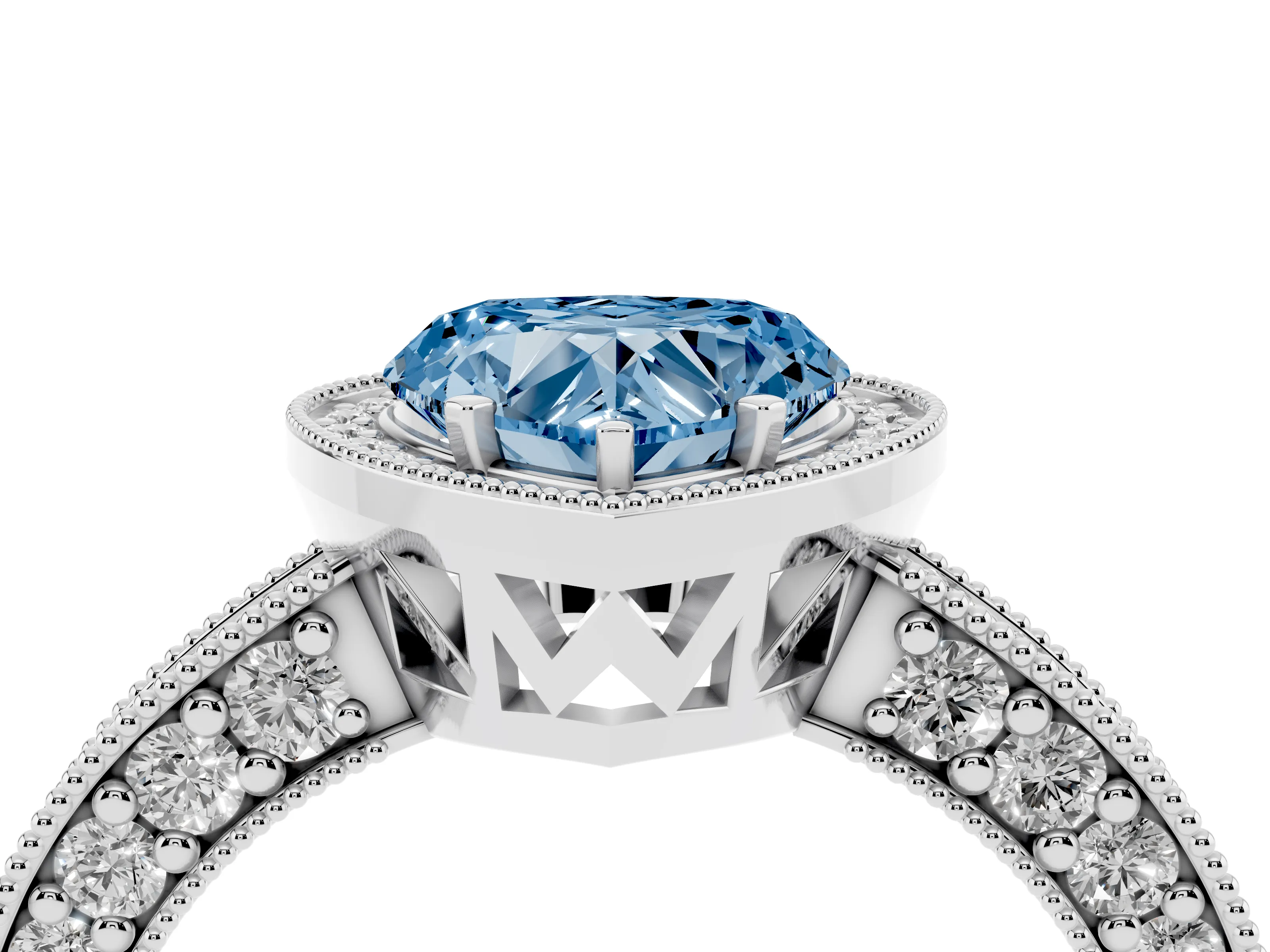 Fancy Blue Heart Cut Diamond Halo Pavé Band Ring Set in Platinum with Prong-Set Center