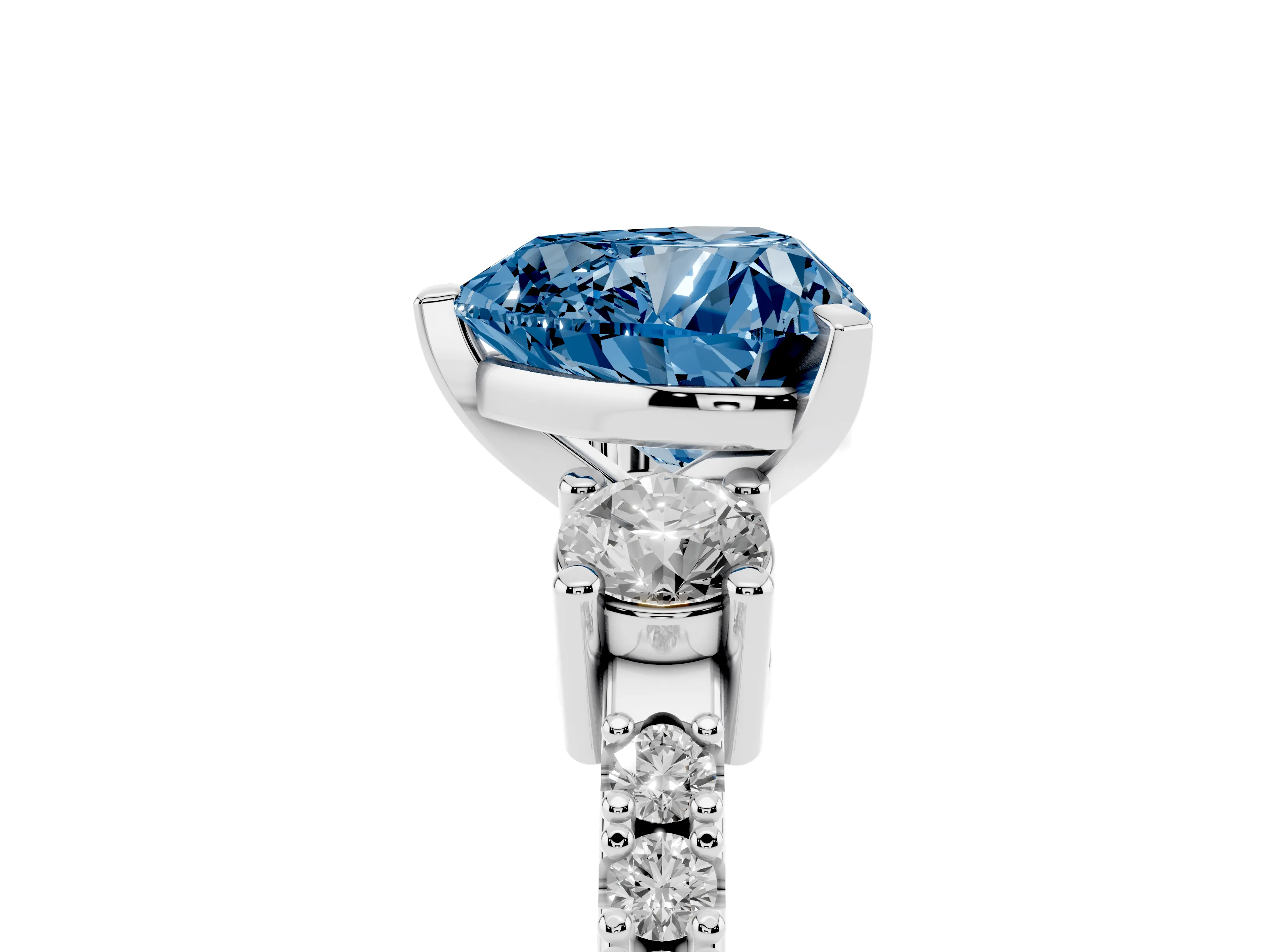 Fancy Blue Three-Stone Heart Cut Diamond Pavé Band Ring Set in Silver with Prong Setting