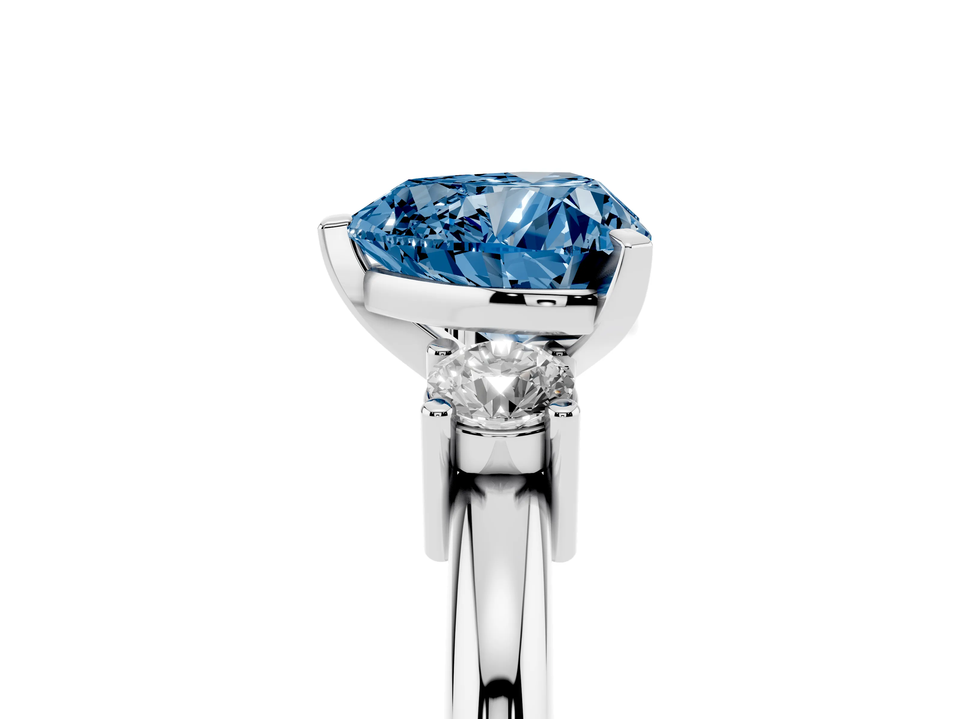 Fancy Blue Three-Stone Heart Cut Diamond Ring Set in White gold with Prong Setting and Plain Band