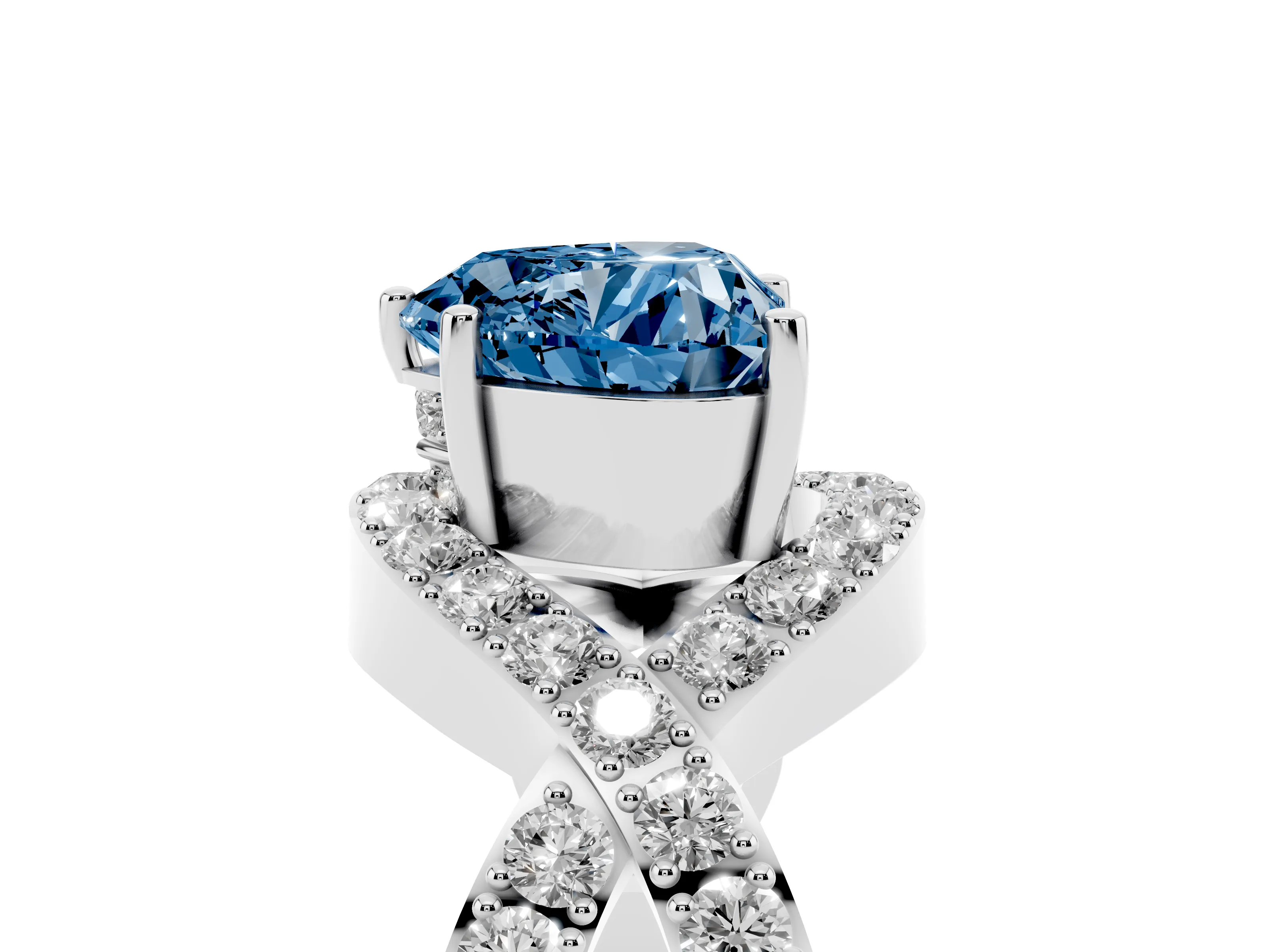 Fancy Blue Heart Cut Diamond Solitaire Twist Band Pavé Engagement Ring Set in Platinum
