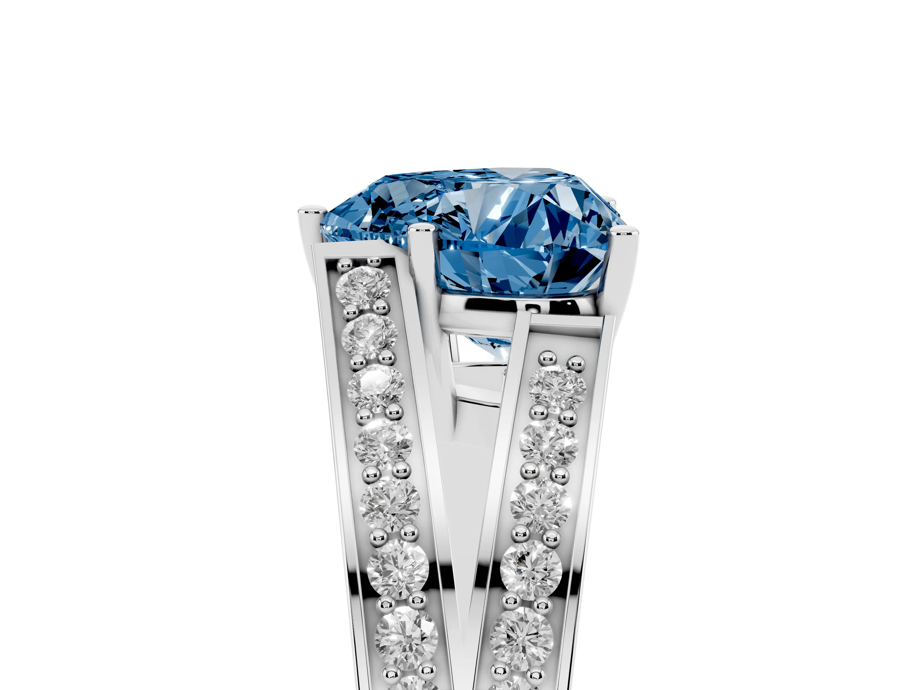 Fancy Blue Heart Cut Diamond Split Shank Ring Set in Platinum with Pavé Band and Prong Setting