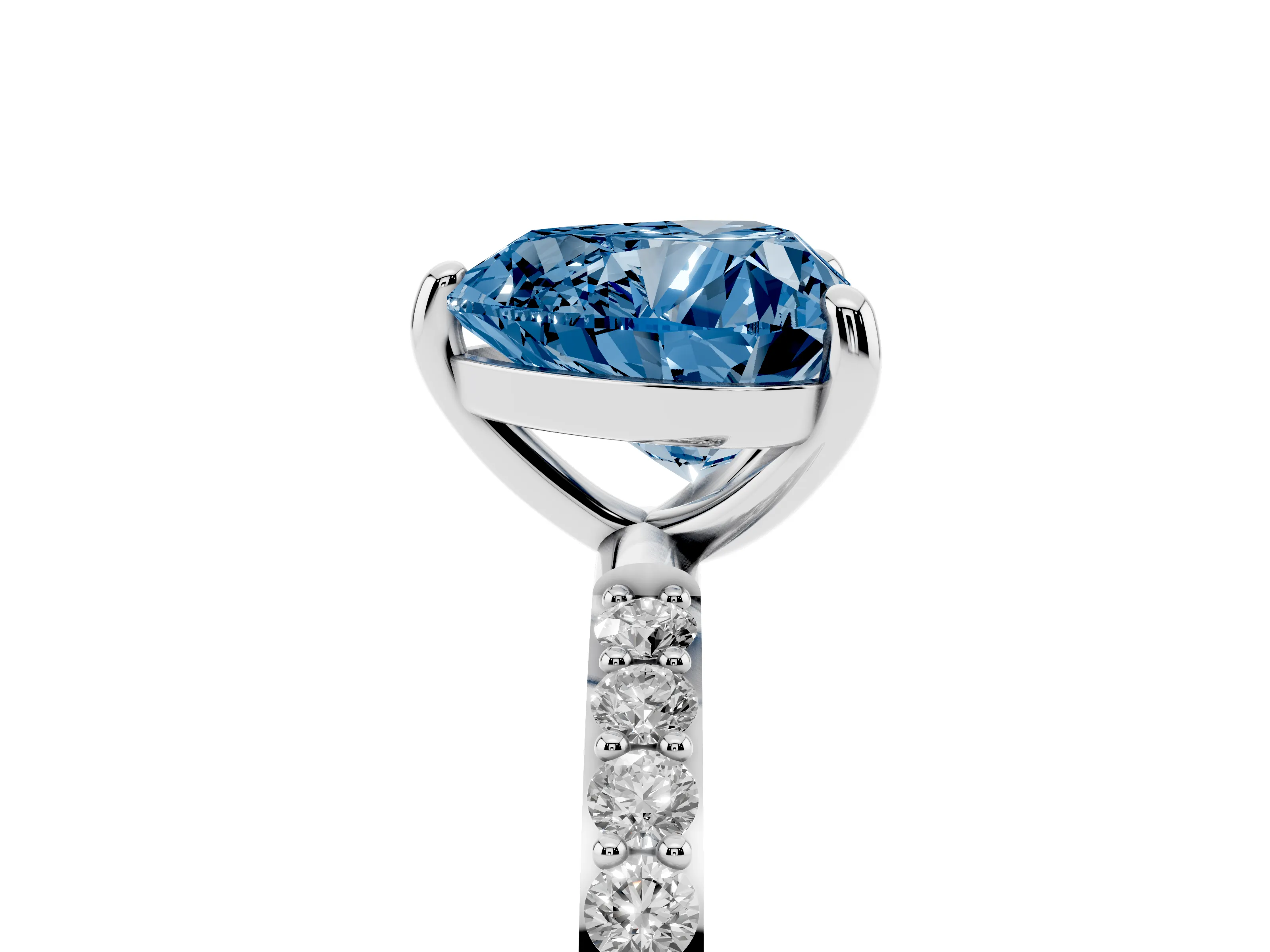 Fancy Blue Heart Cut Diamond Solitaire Ring Set in Silver with Round Pavé Band and Prong Setting
