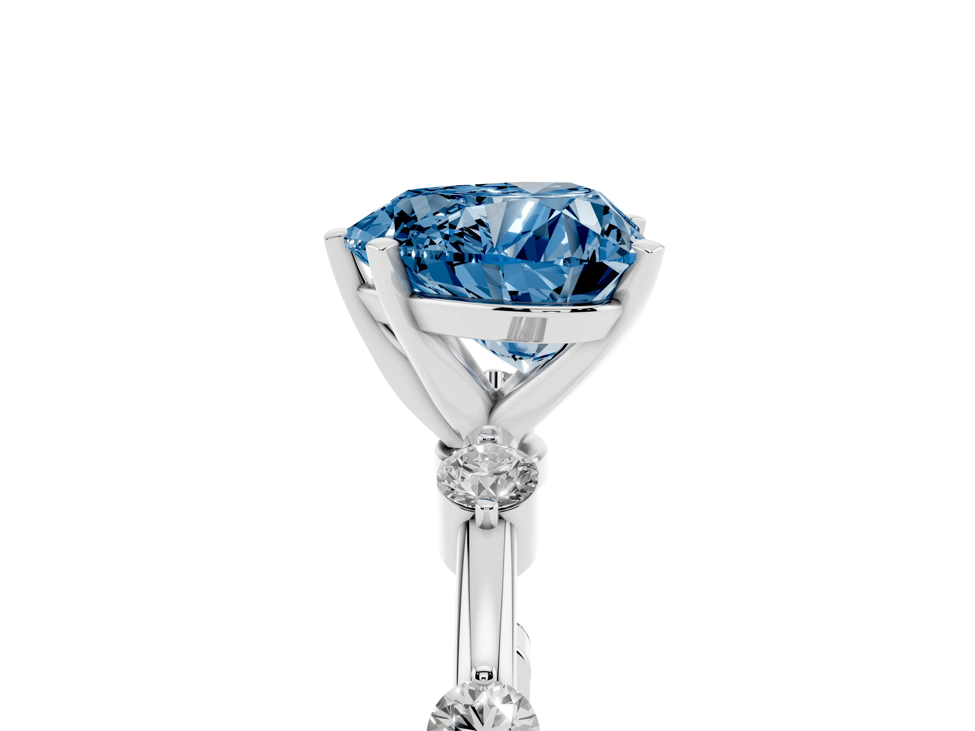 Fancy Blue Heart Cut Diamond Solitaire Ring Set in White gold with Bezel Set Side Stones and Prong Setting