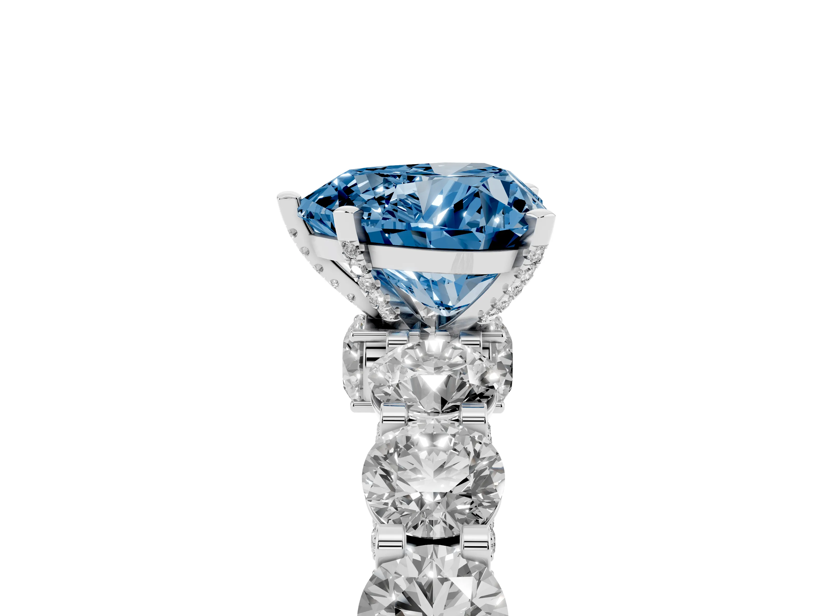 Fancy Blue Heart Cut Diamond Side Stone Ring Set in Silver with Alternating Round and Oval Side Stones