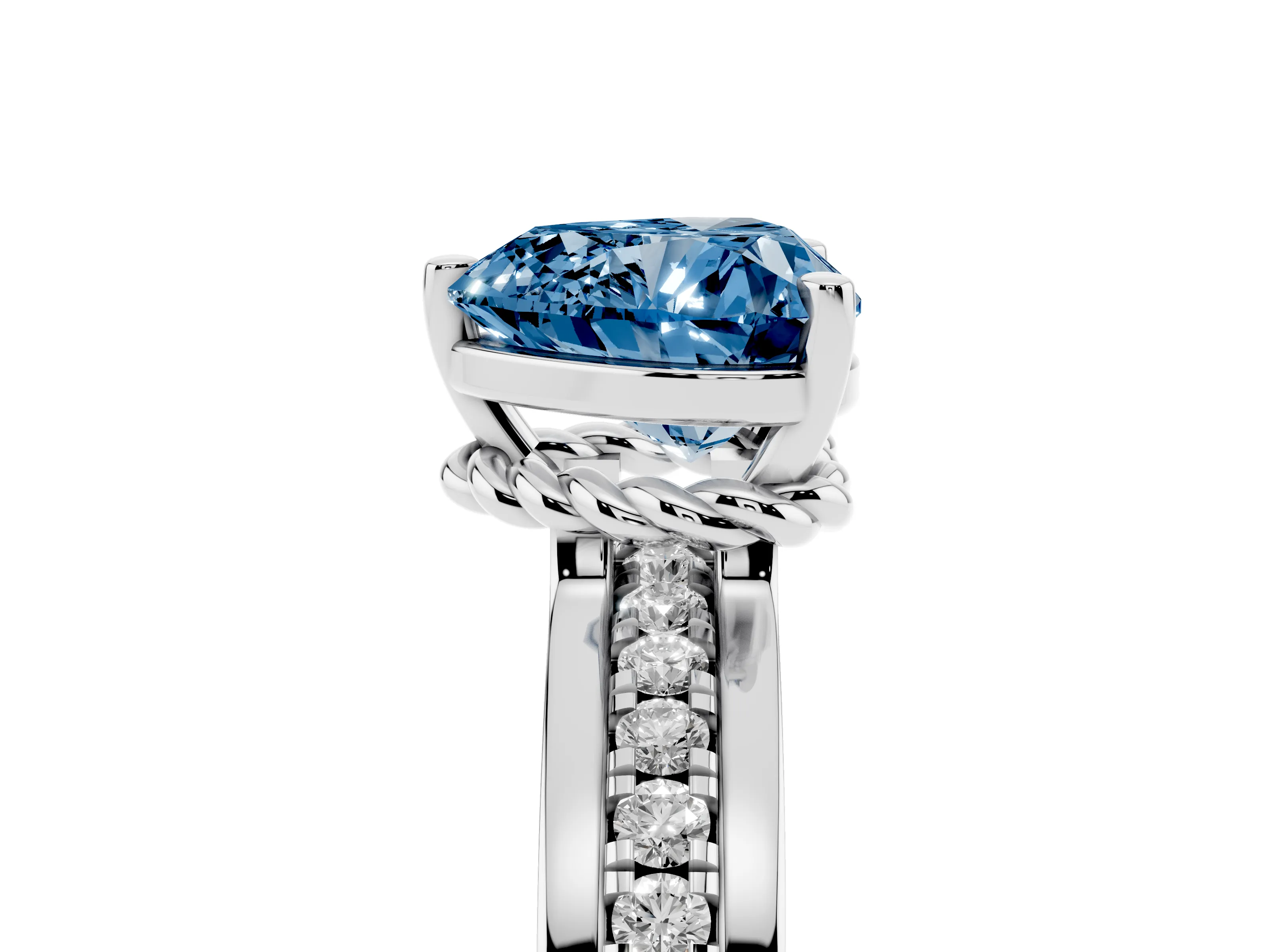 Fancy Blue Heart Cut Diamond Solitaire Ring Set in White gold with Channel Set Band and Prong Setting