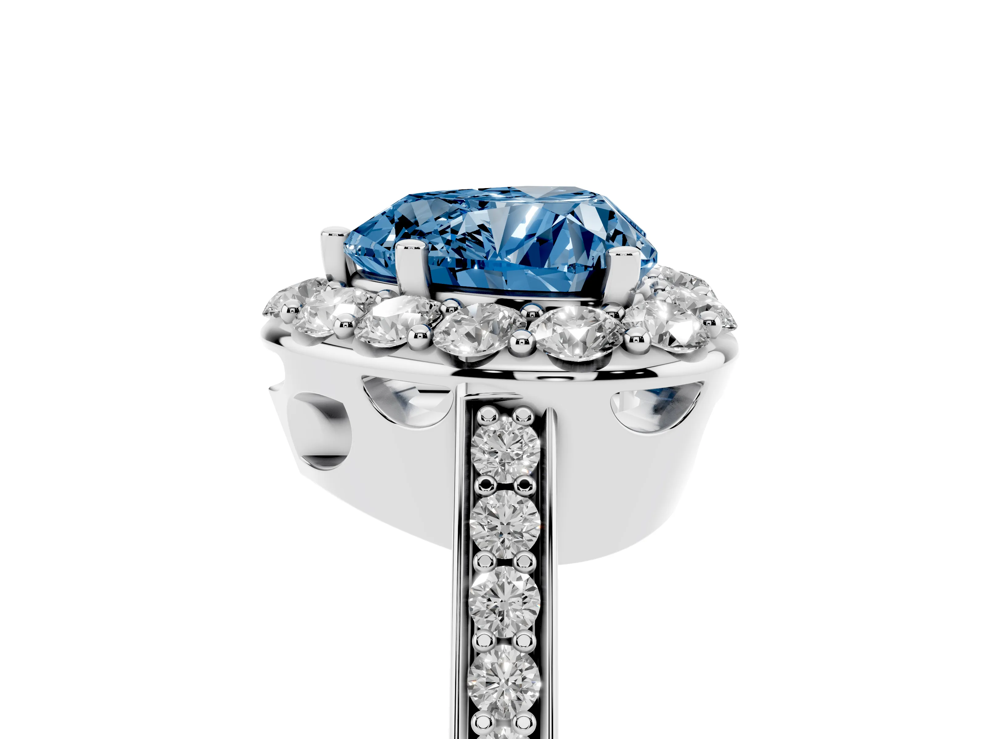 Fancy Blue Heart Cut Diamond Floral Halo Ring Set in Platinum with Pavé Band and Prong Setting