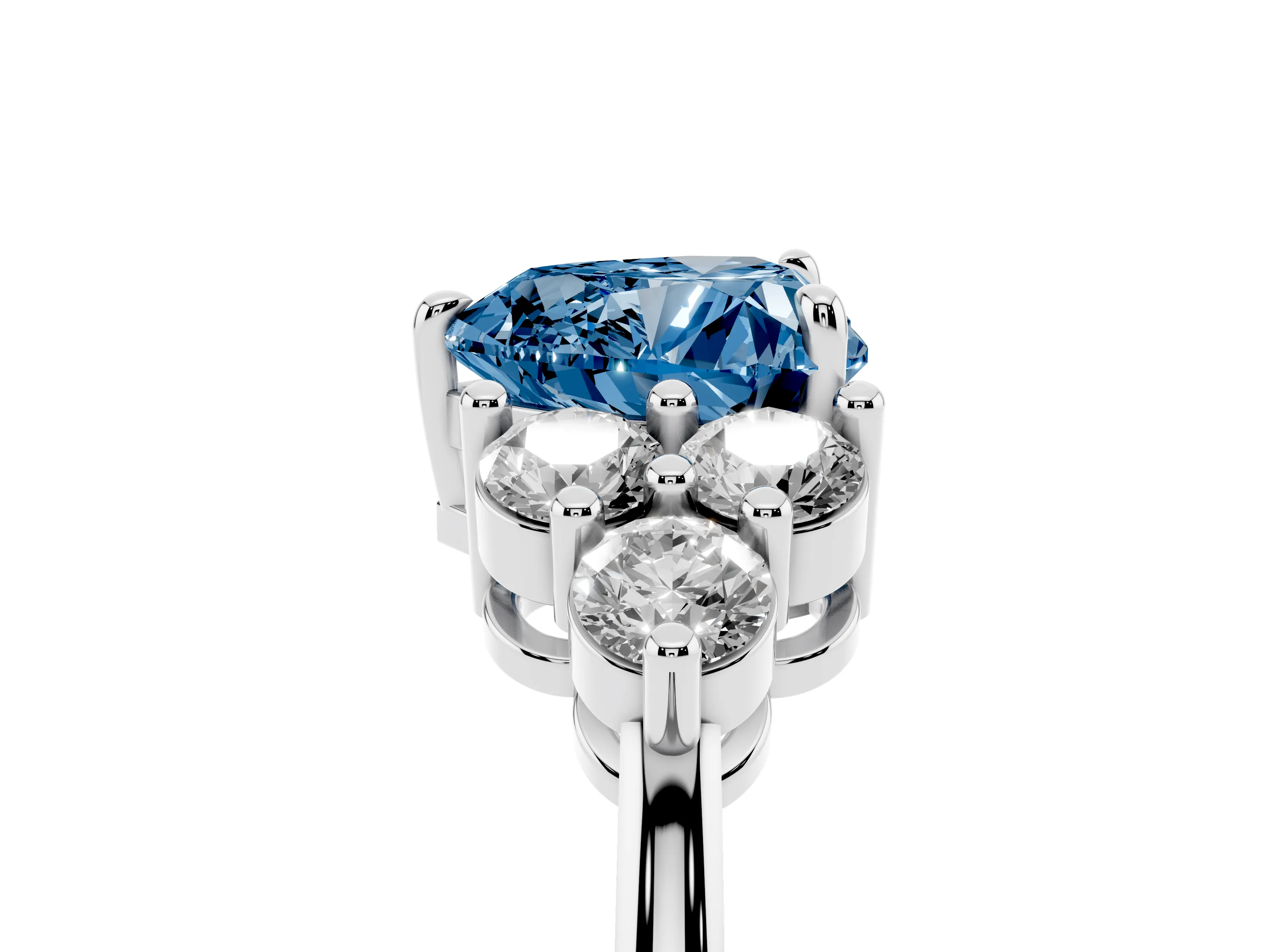 Fancy Blue Heart Cut Diamond Solitaire Ring Set in White gold with Cluster Accents on Each Side