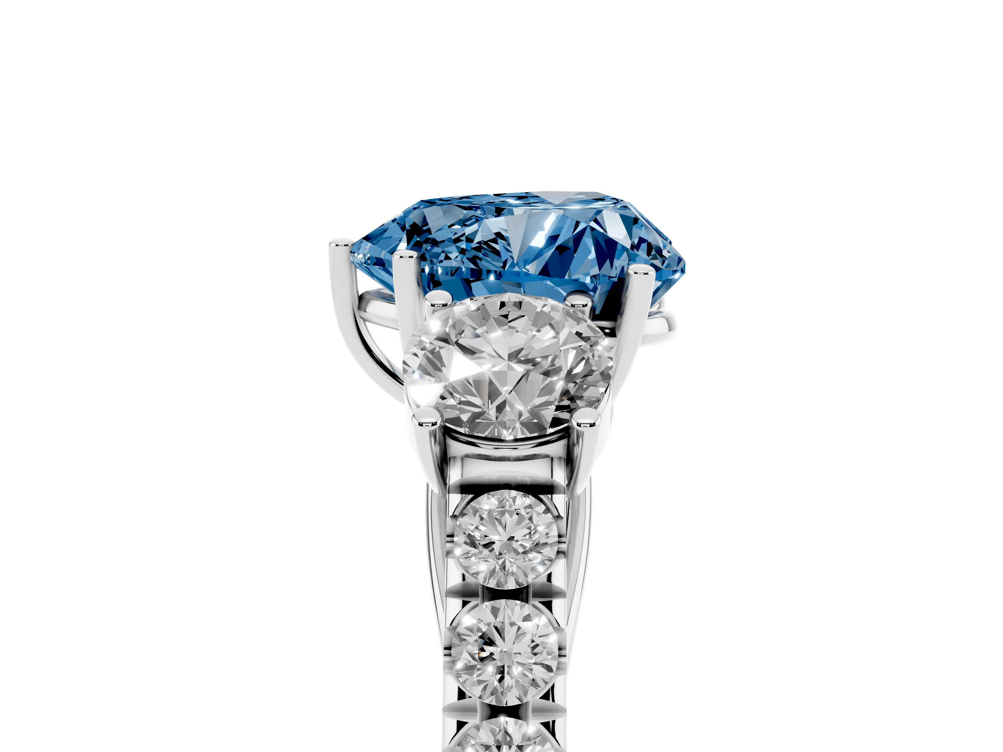 Fancy Blue Heart Cut Diamond Three-Stone Ring Set in White gold with Round Side Stones and Delicate Pavé Band