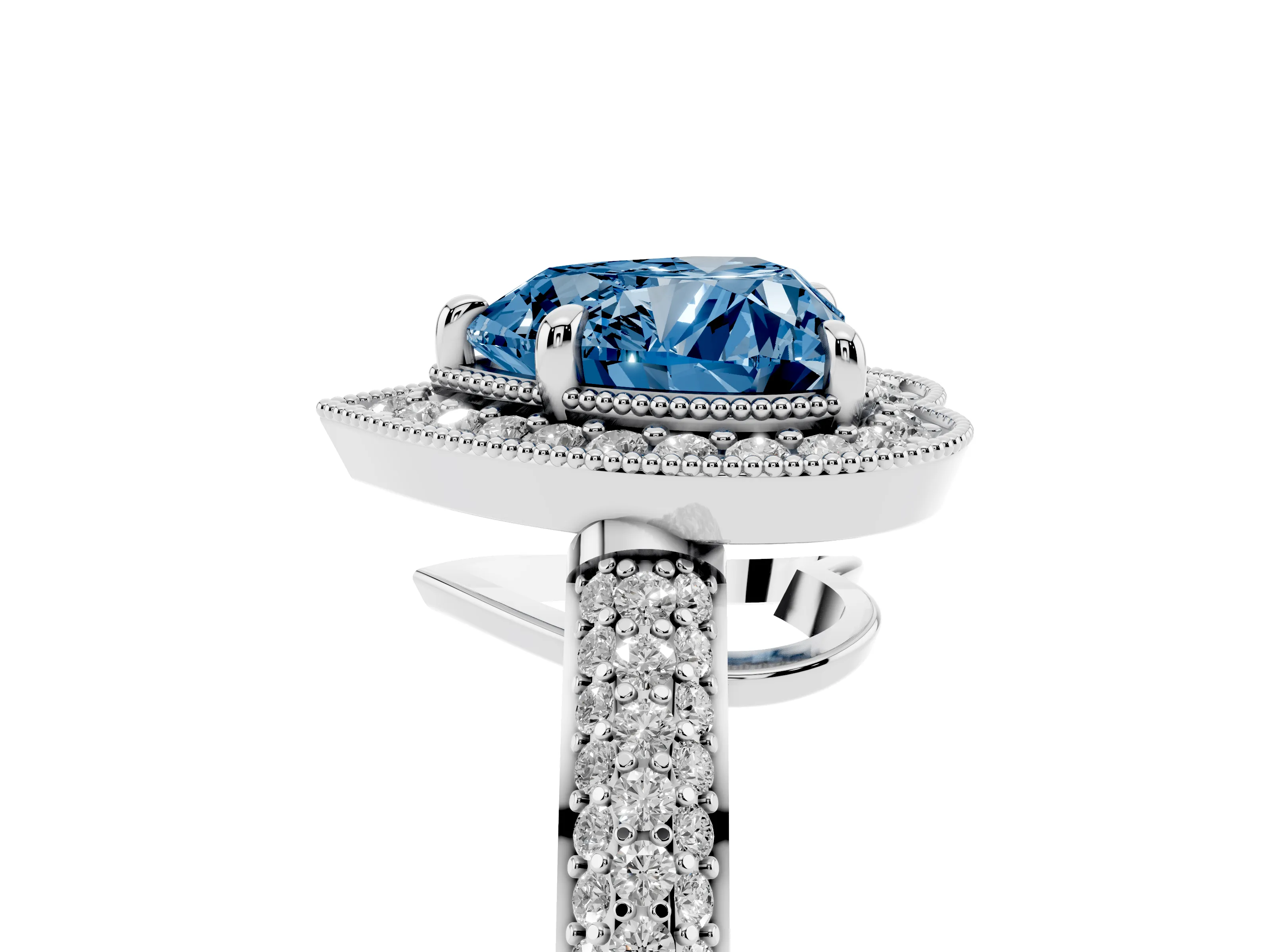 Fancy Blue Heart Cut Diamond Halo Pavé Band Set in Silver with Prong Setting