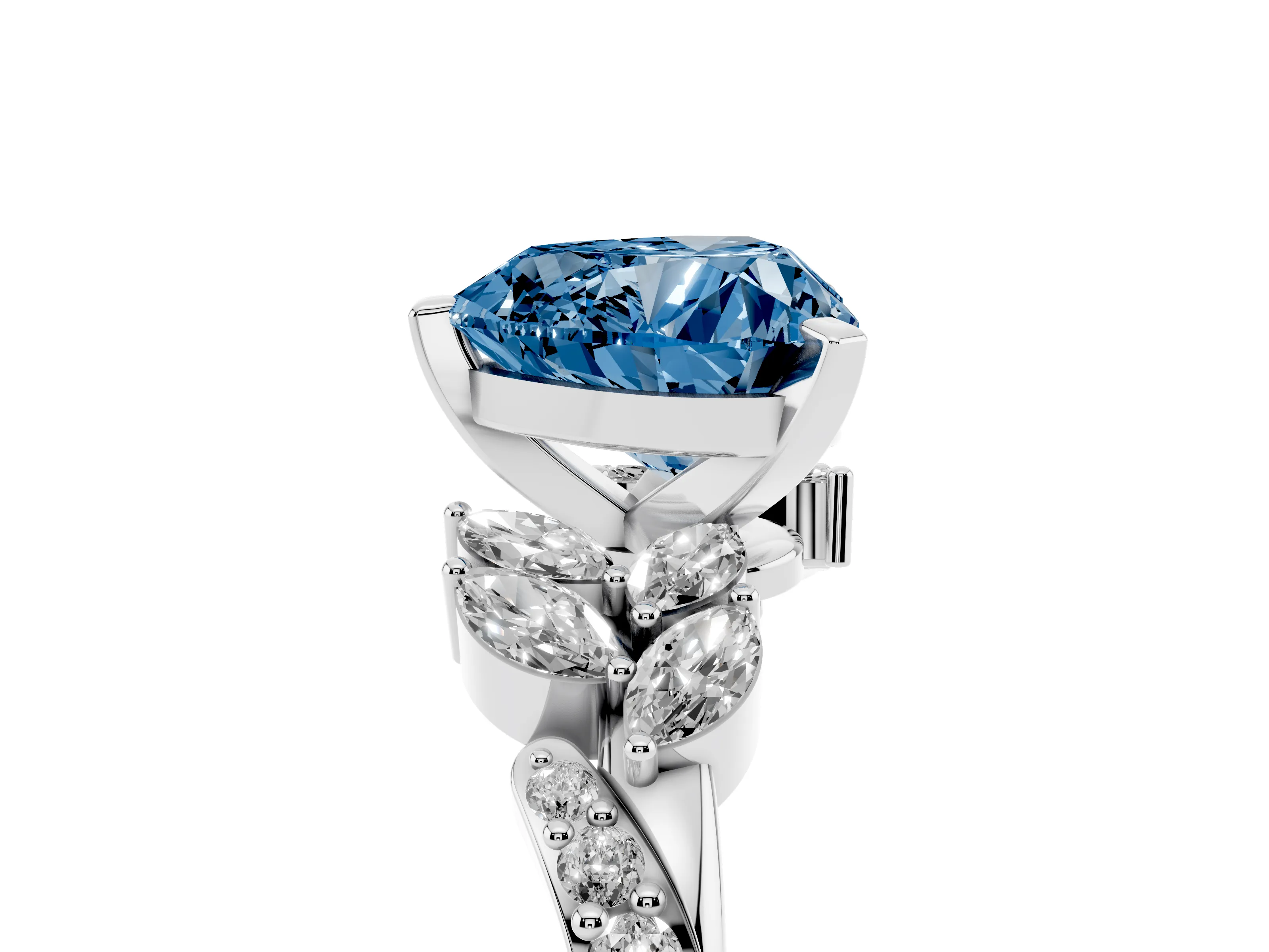Fancy Blue Heart Cut Diamond Solitaire Ring Set in White gold with Marquise Twist Band and Prong Setting