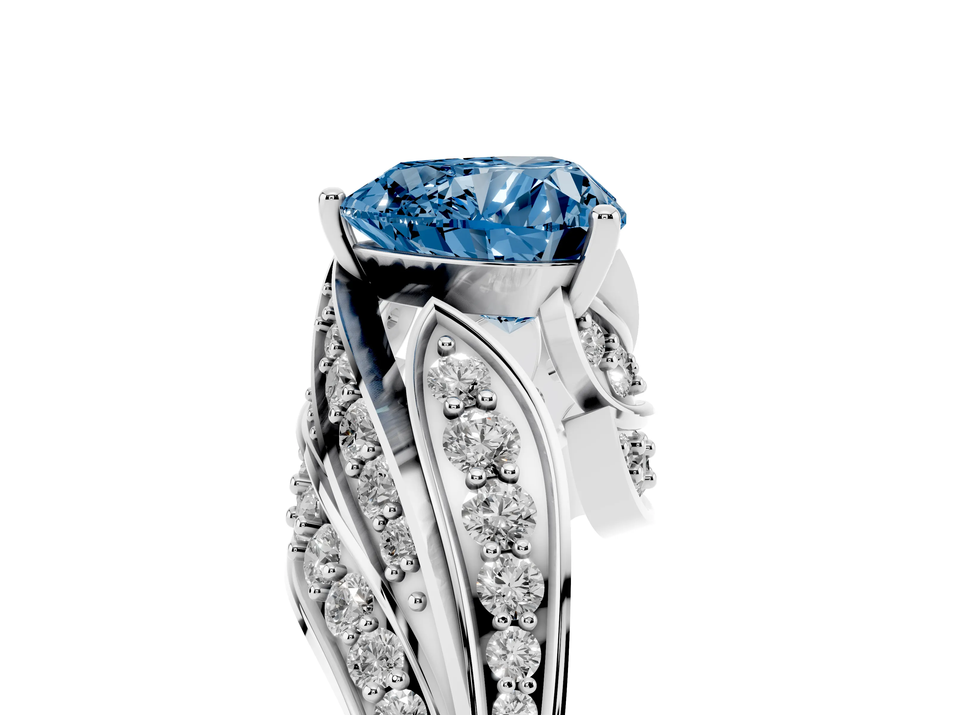 Fancy Blue Heart Cut Diamond Solitaire Ring Set in Silver with Layered Twist Pavé Band