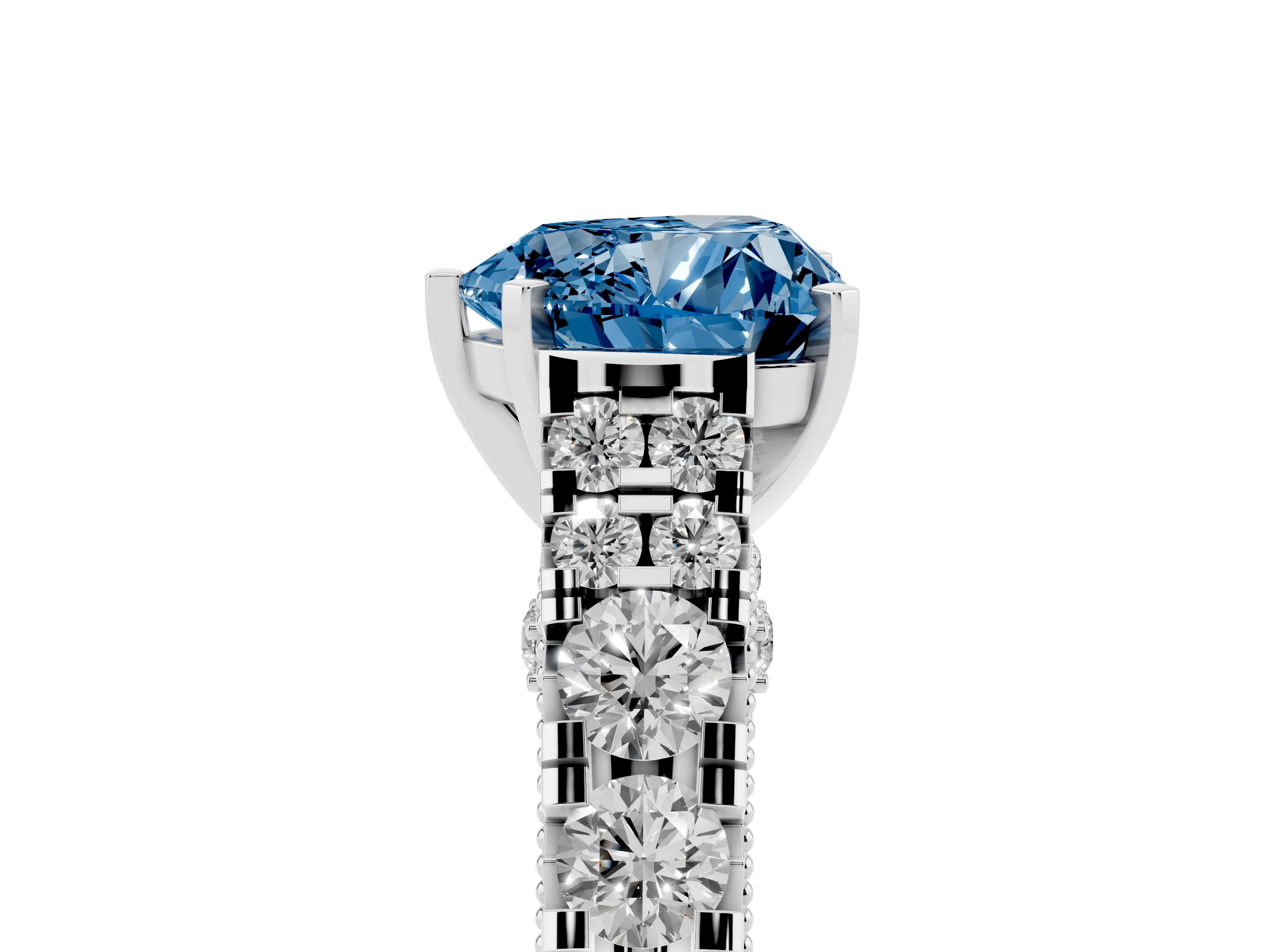 Fancy Blue Heart Cut Diamond Classic Solitaire Ring Set in White gold with Pavé Band and Prong Setting