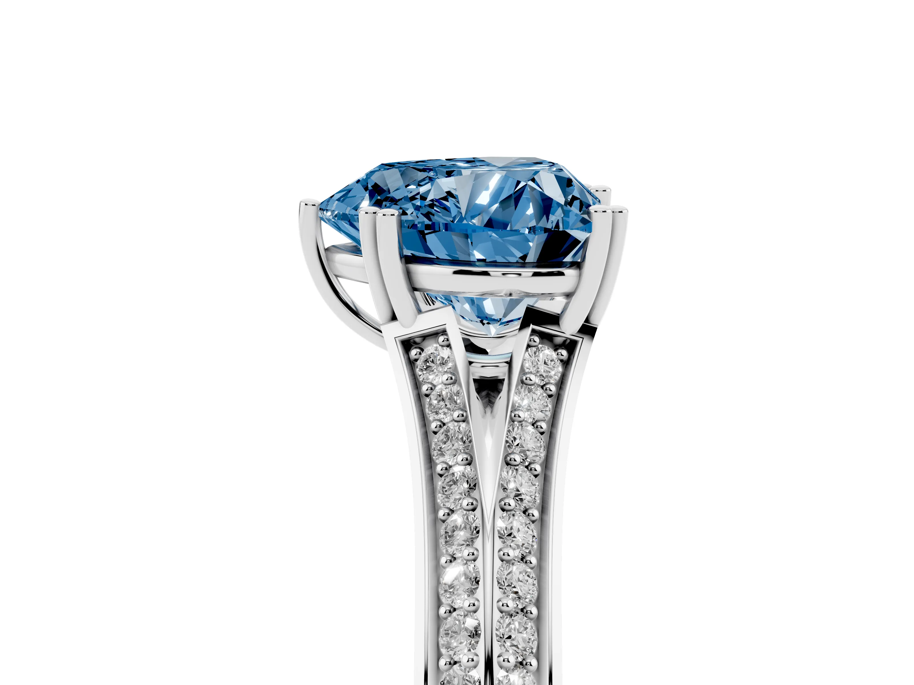 Fancy Blue Heart Cut Diamond Split Shank Pavé Engagement Ring Set in White gold with Prong-Set Center Stone