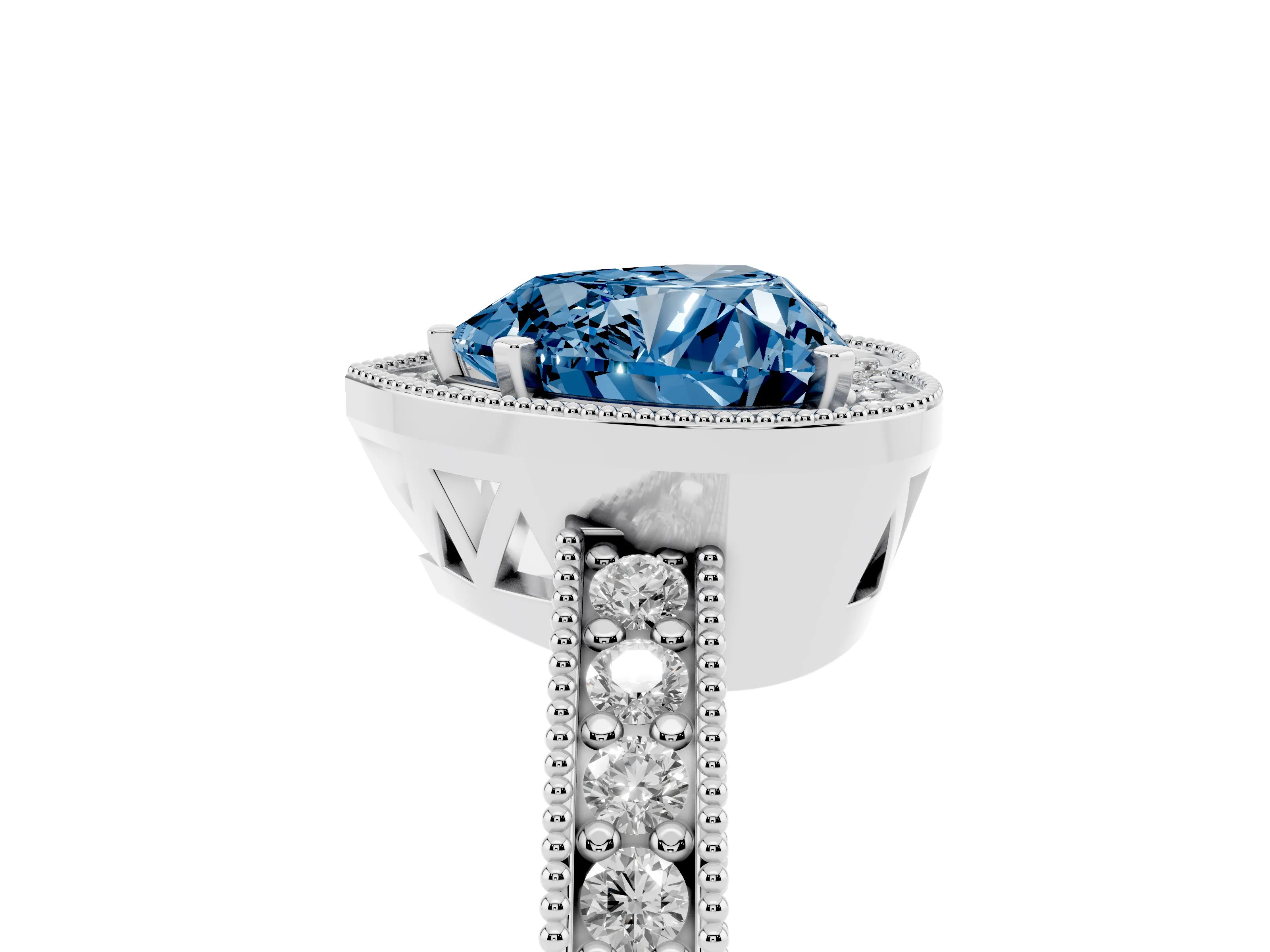 Fancy Blue Heart Cut Diamond Halo Pavé Band Ring Set in Platinum with Prong-Set Center
