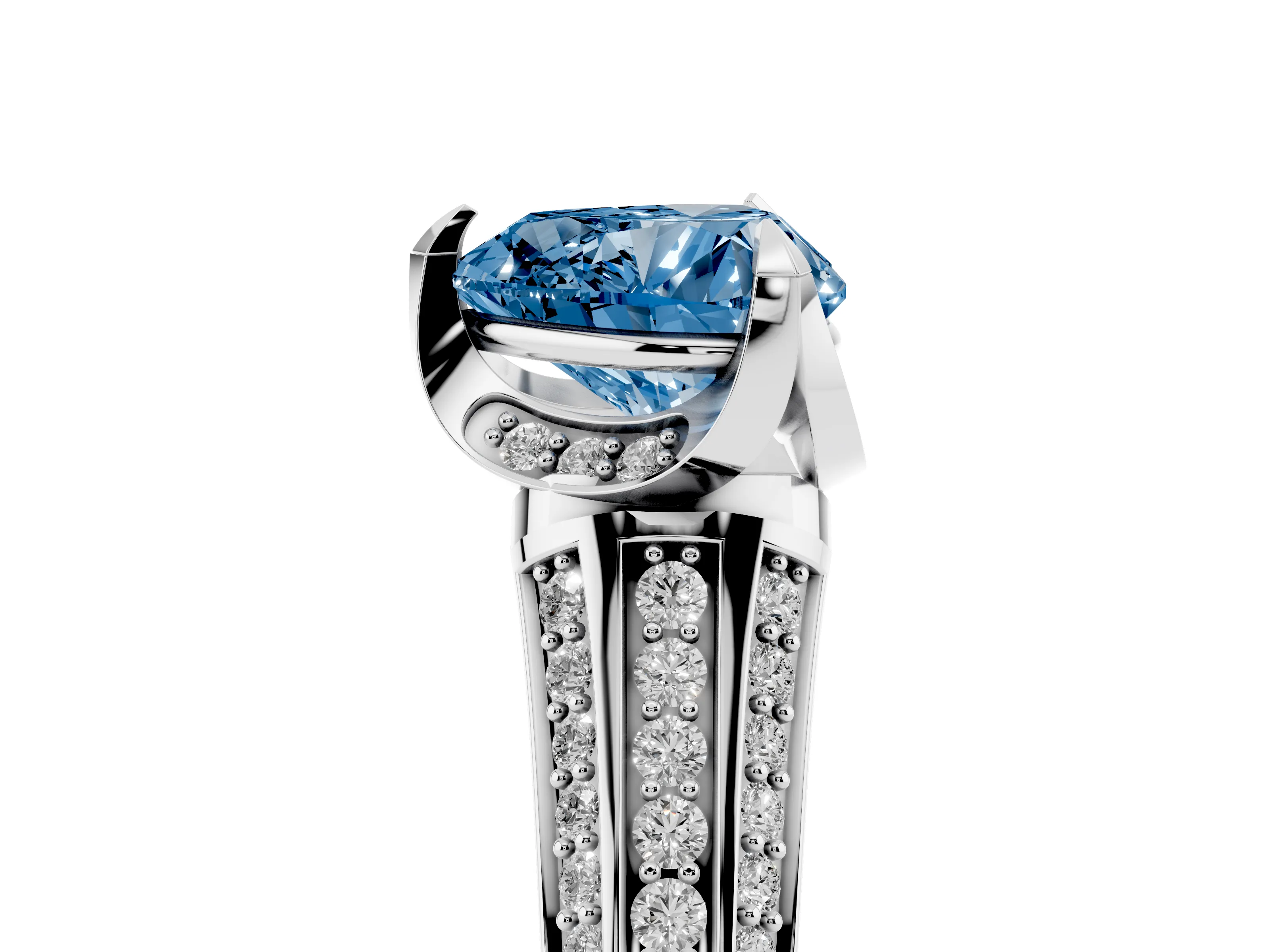 Fancy Blue Heart Cut Diamond Pavé Split Shank Solitaire Ring Set in Silver with Prong Setting