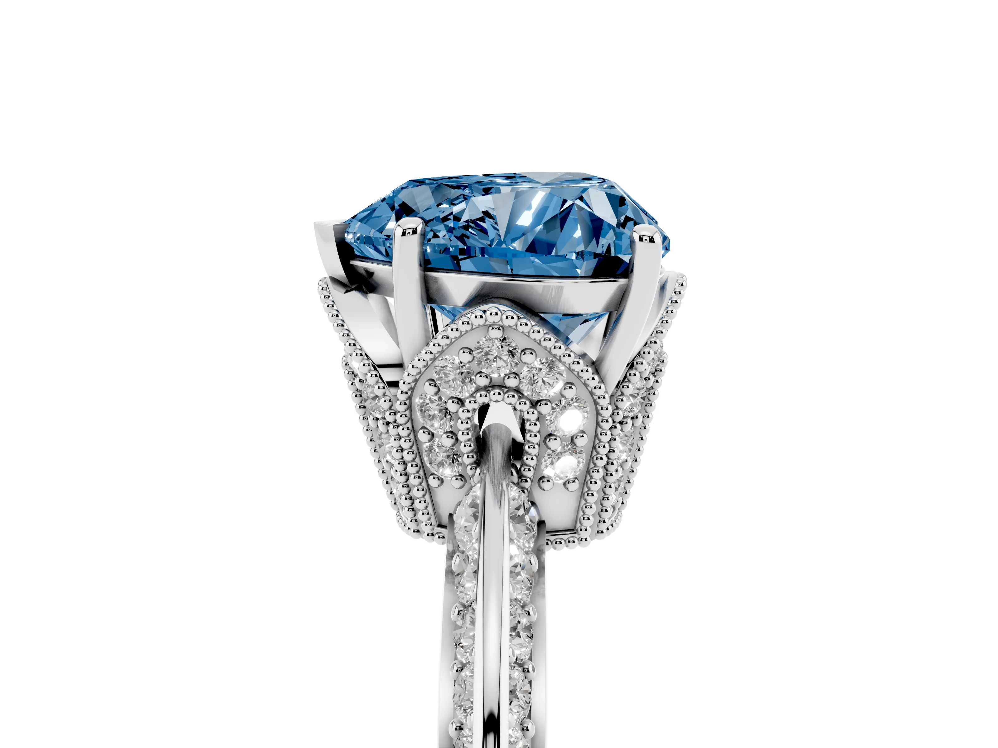 Fancy Blue Heart Cut Diamond Solitaire Engagement Ring Set in Platinum with Pavé Split Shank and Prong Setting