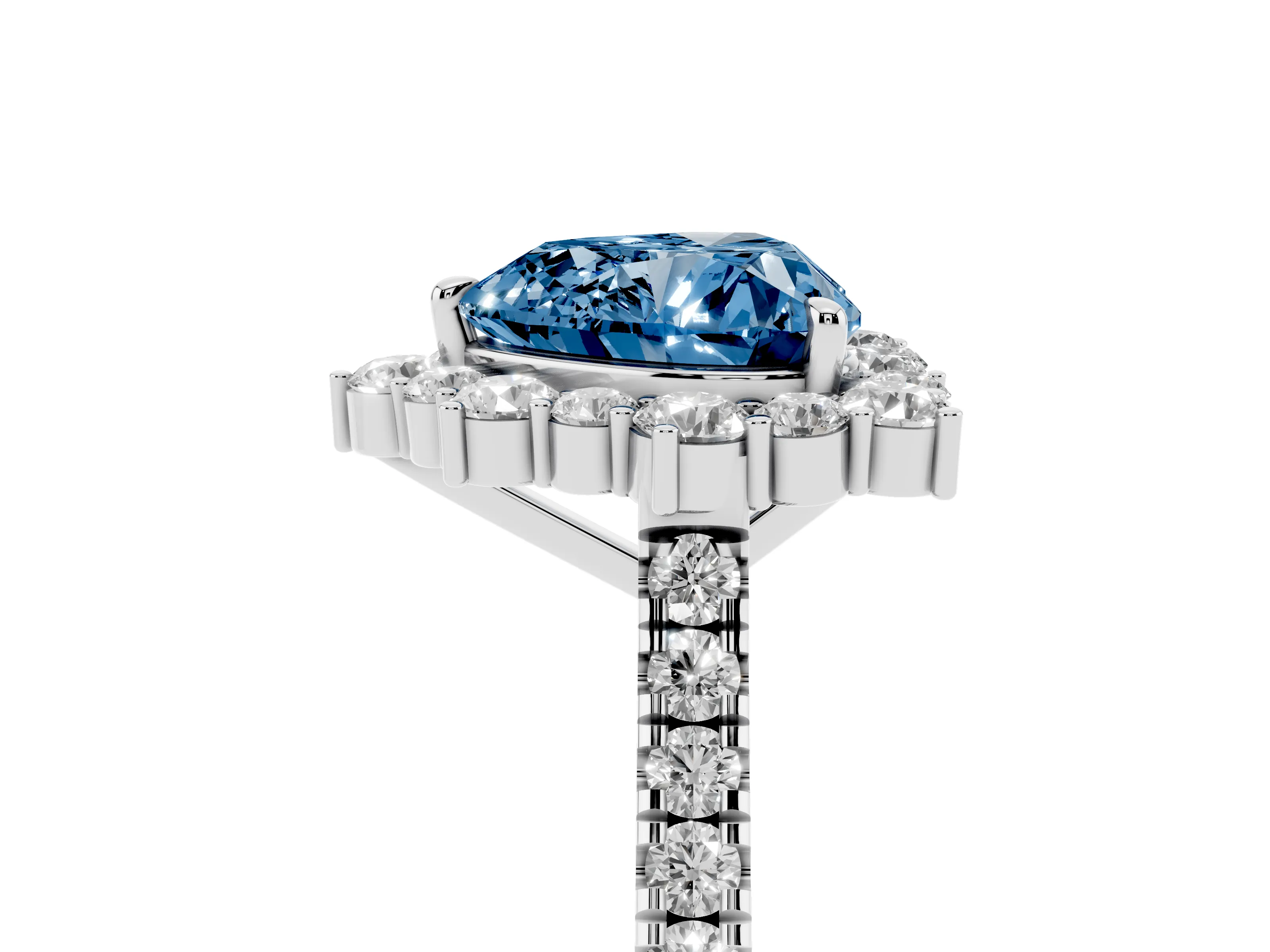 Fancy Blue Heart Cut Diamond Halo Ring Set in Silver with Pavé Band and Prong Setting