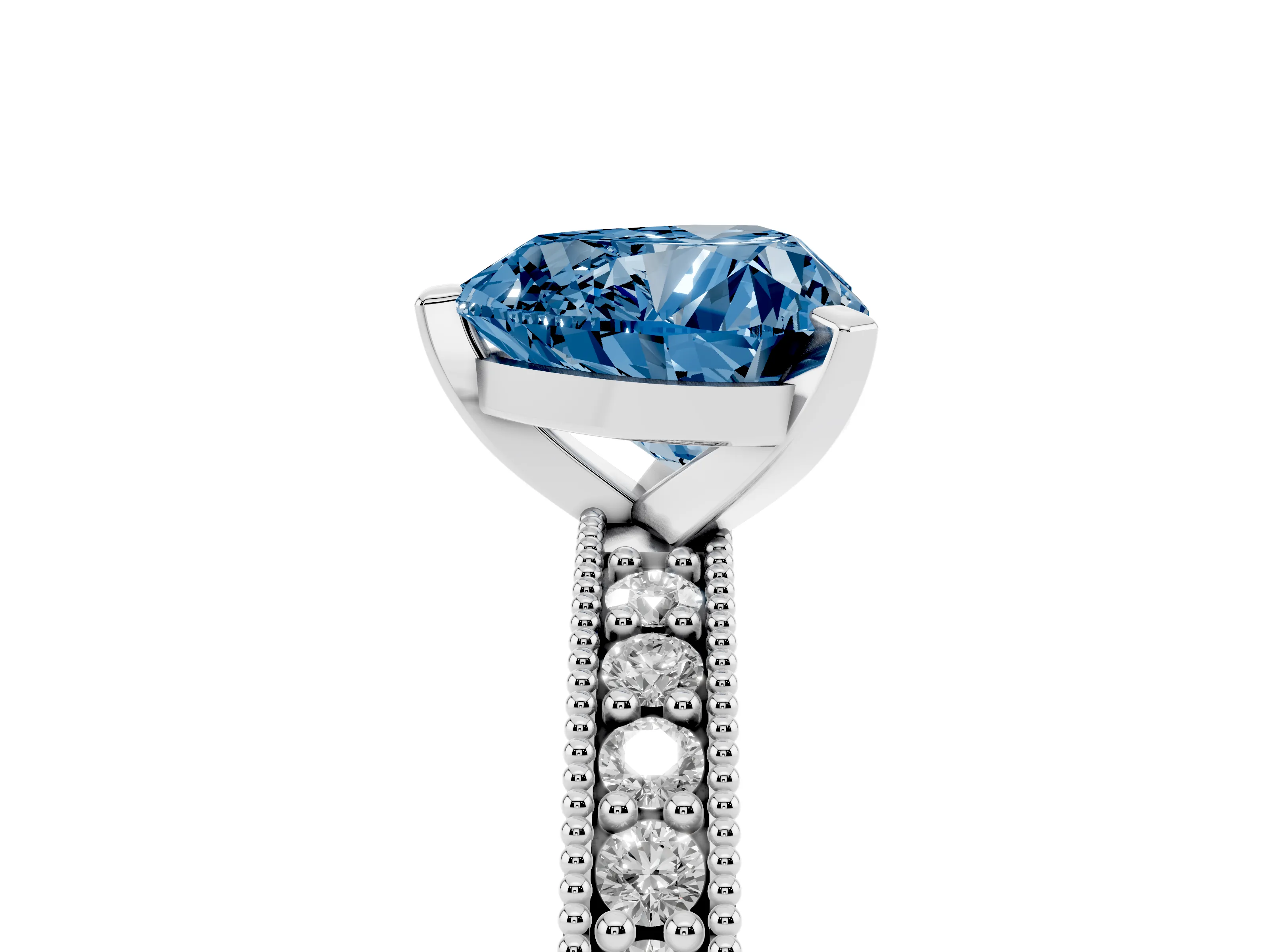 Fancy Blue Heart Cut Diamond Milgrain Pavé Engagement Ring Set in Platinum with Prong Setting
