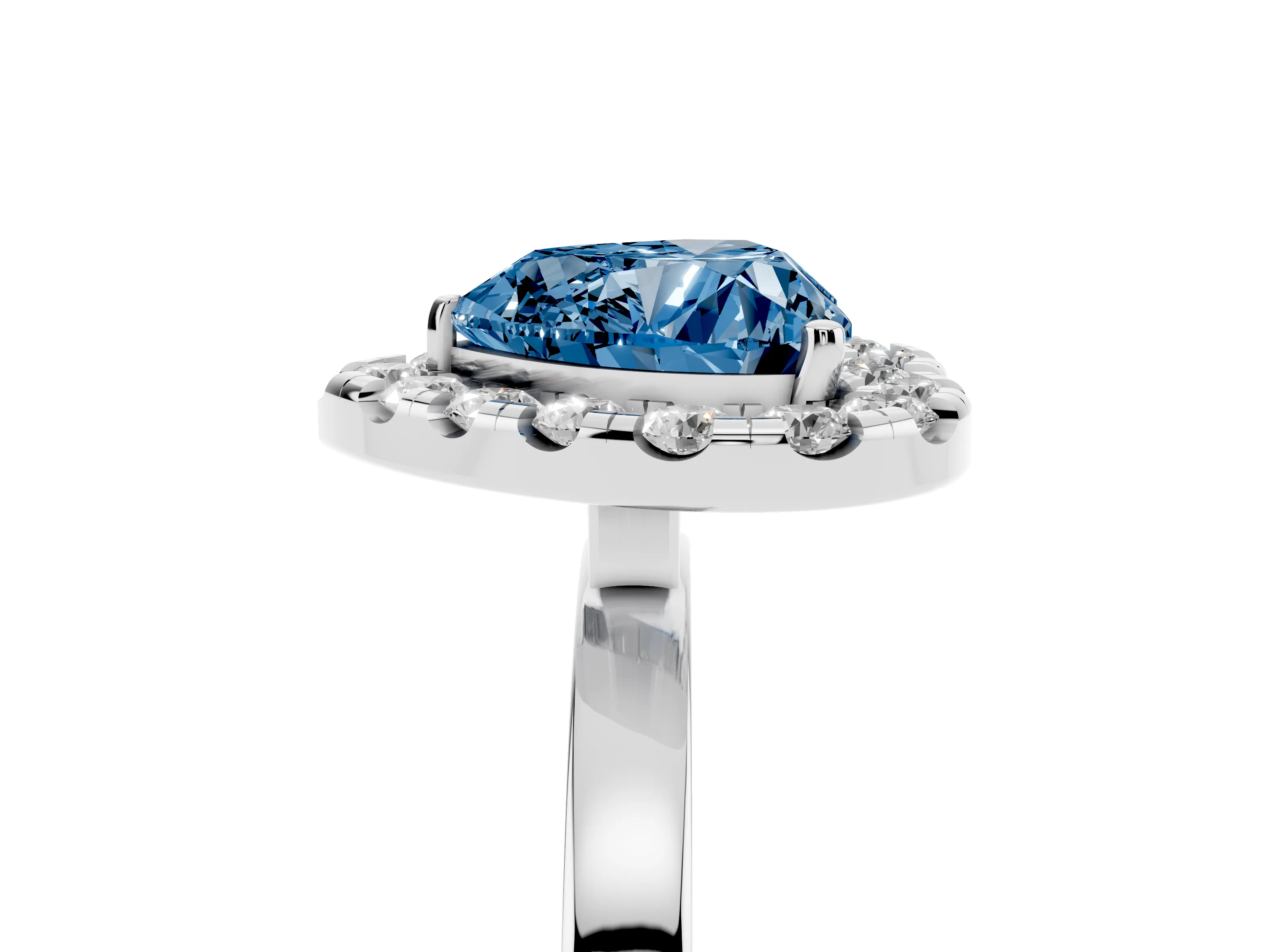 Fancy Blue Heart Cut Diamond Halo Solitaire Ring Set in White gold with Pavé Band and Prong Setting