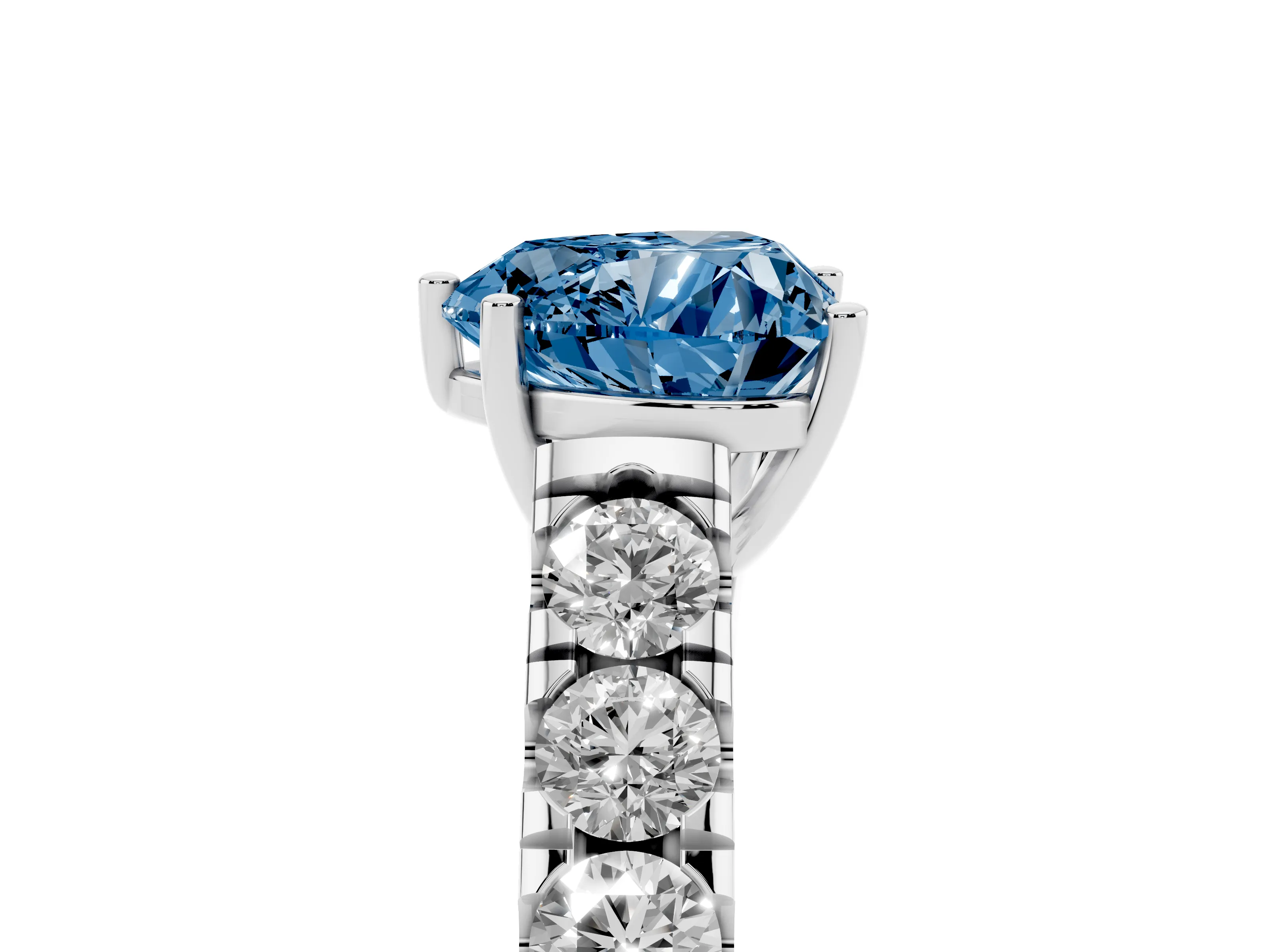 Fancy Blue Heart Cut Diamond Solitaire Ring Set in White gold with Cut-Down Micro Pavé Band and Prong Setting