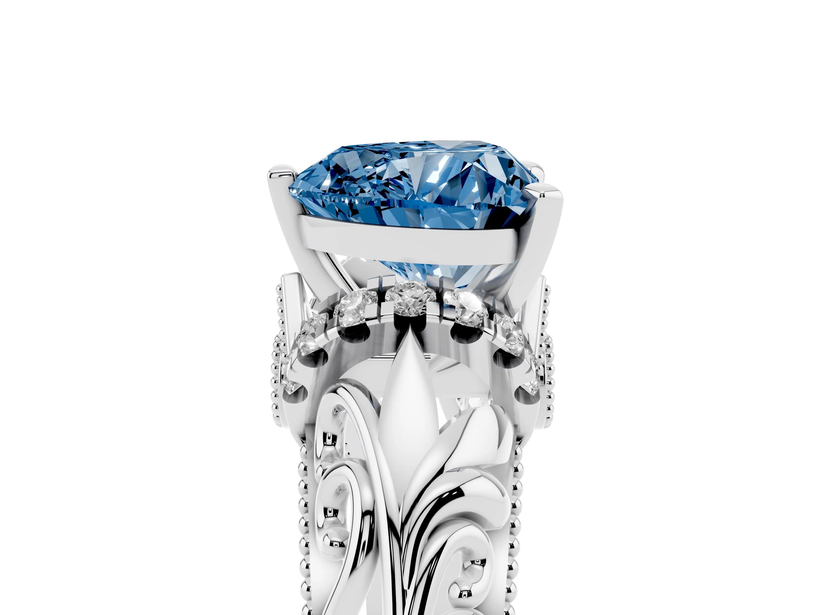 Fancy Blue Heart Cut Diamond Filigree Halo Engagement Ring Set in White gold with Prong Setting